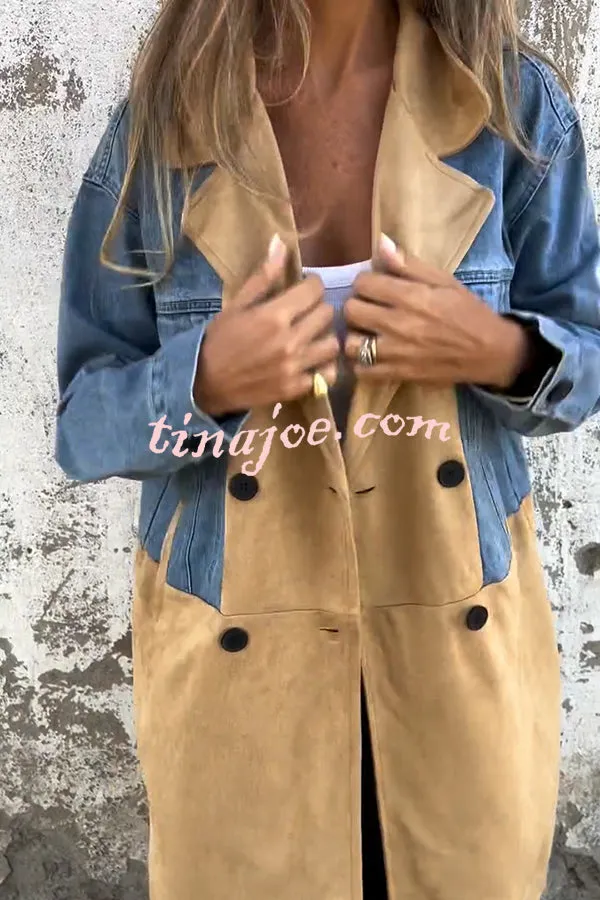 Fashion Lapel Long Sleeve Pocket Mid-length Denim Patchwork Jacket