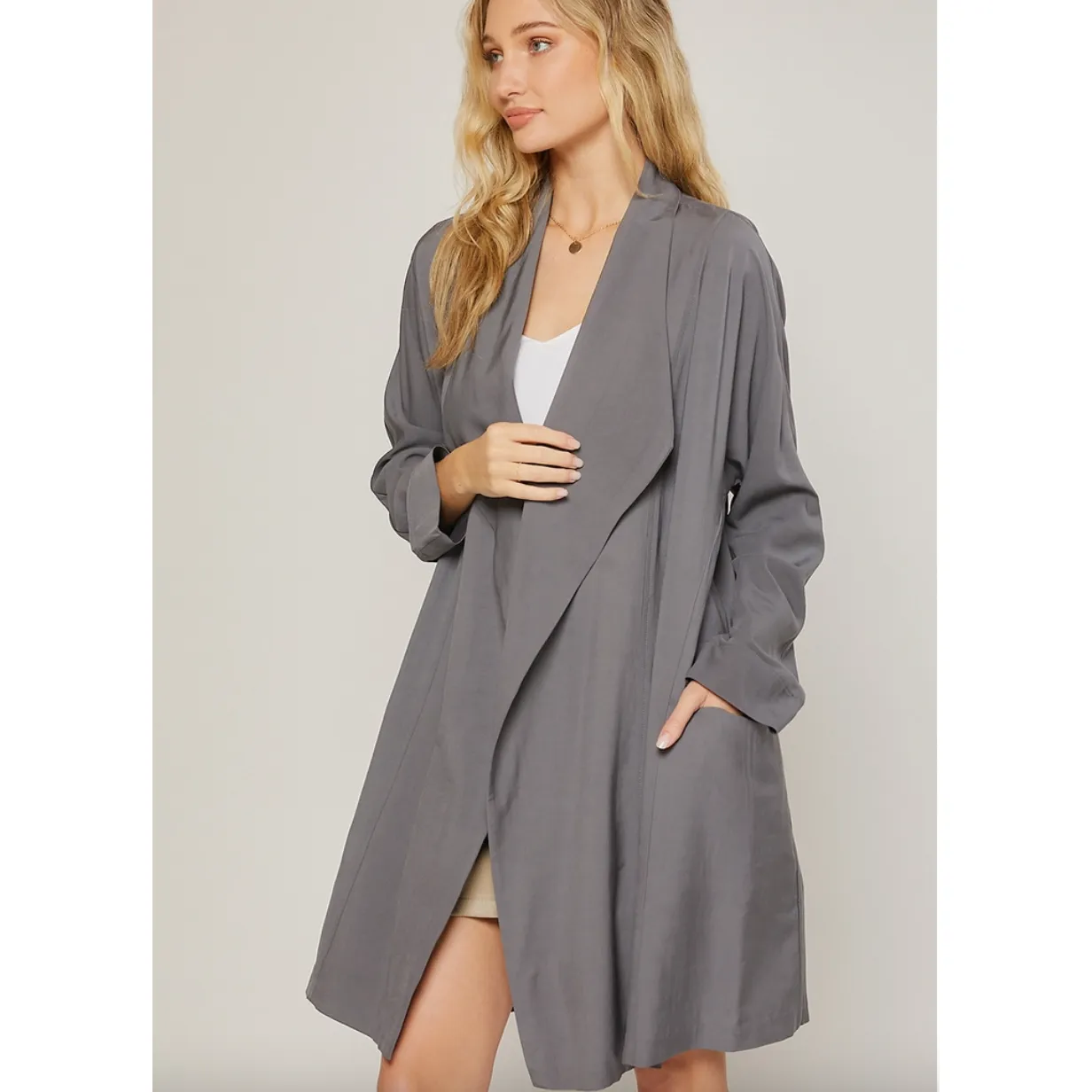 Gray Oversize Drape Front Trench Duster