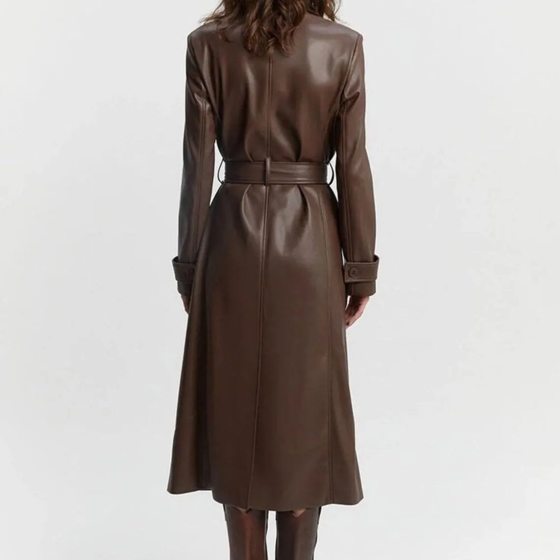 Handmade Brown Leather Trench Coat with belt