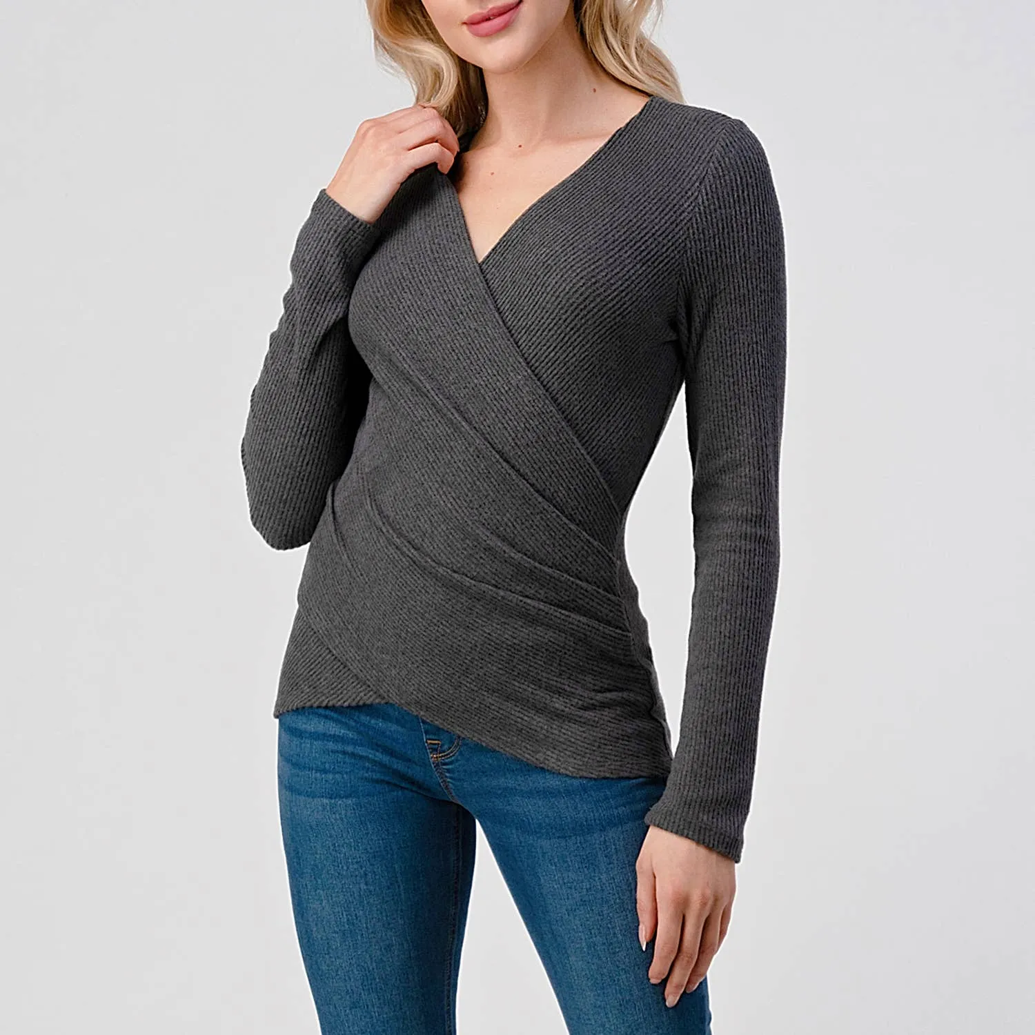 Heimious Surplice Brushed Knit Top | Charcoal