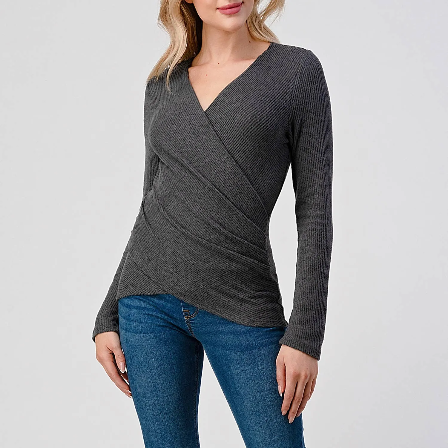 Heimious Surplice Brushed Knit Top | Charcoal