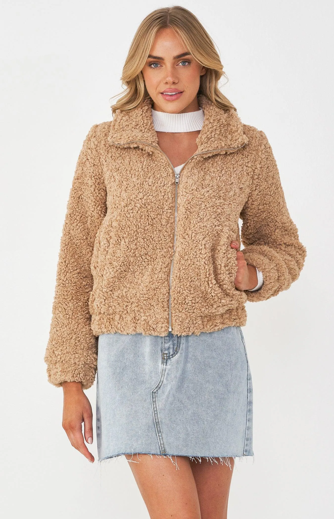 Here For You Teddy Jacket - Camel