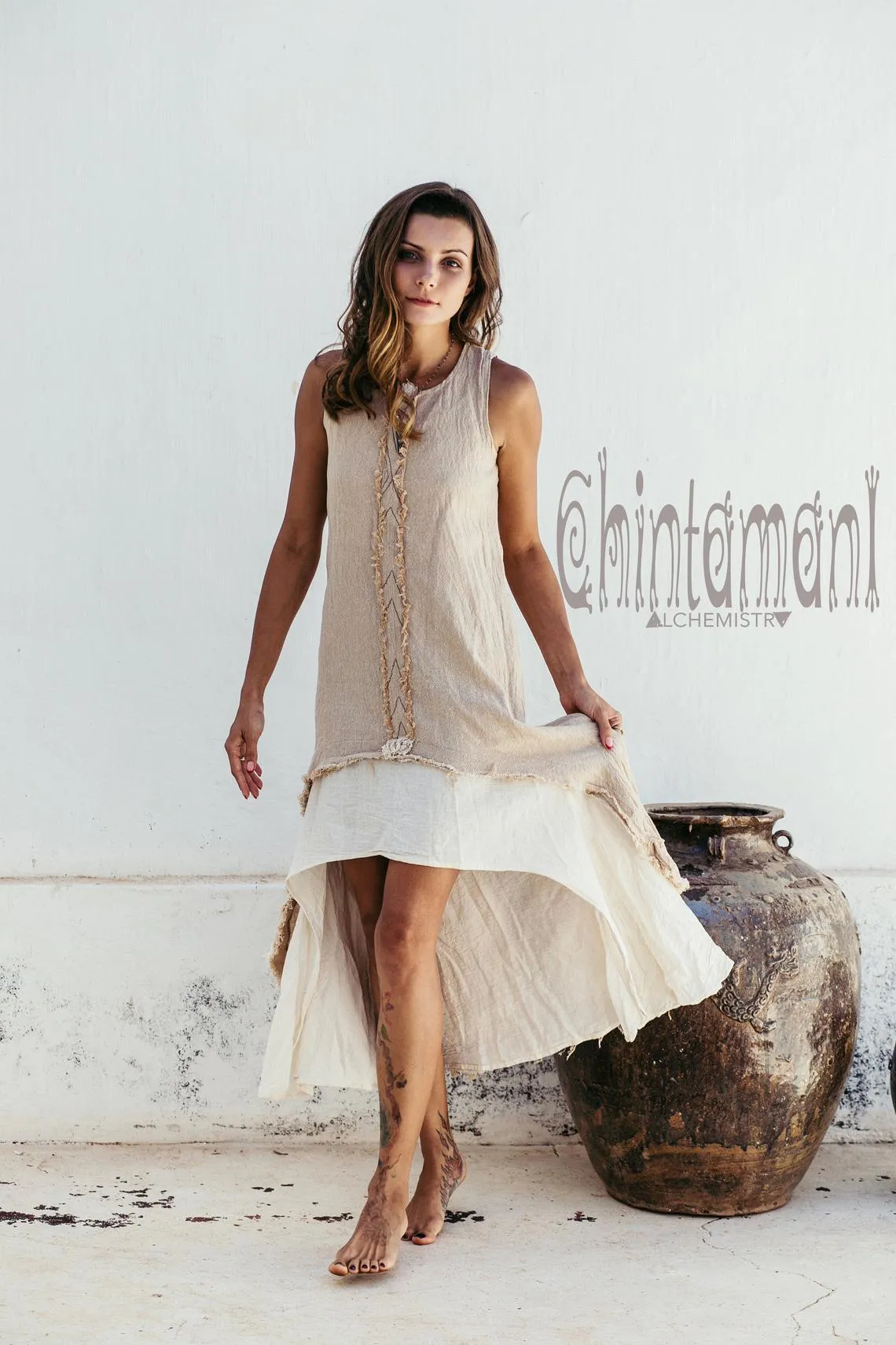 High Low Raw Cotton Long Dress with Double Layer / Aroha Tino Beige