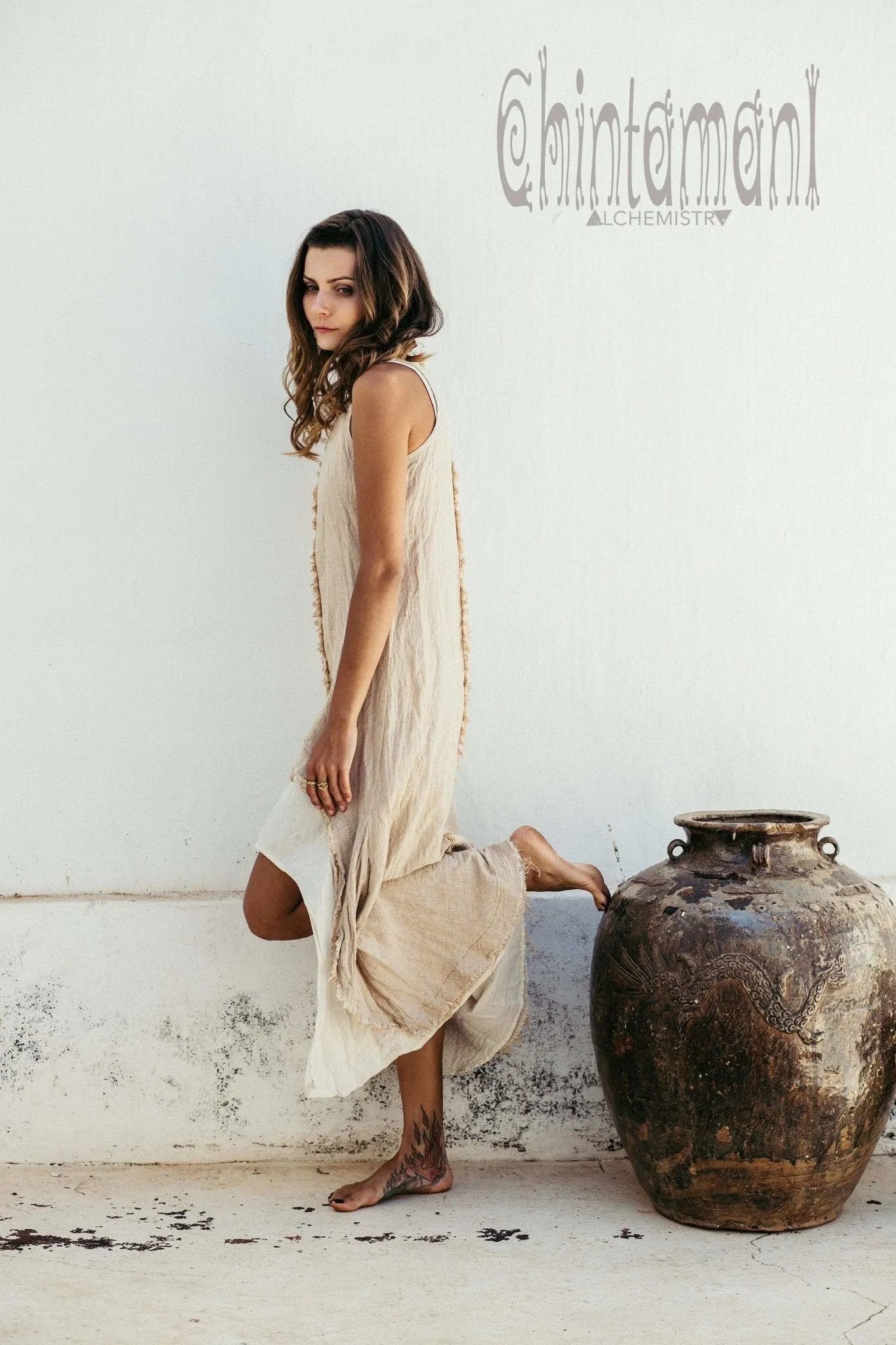 High Low Raw Cotton Long Dress with Double Layer / Aroha Tino Beige