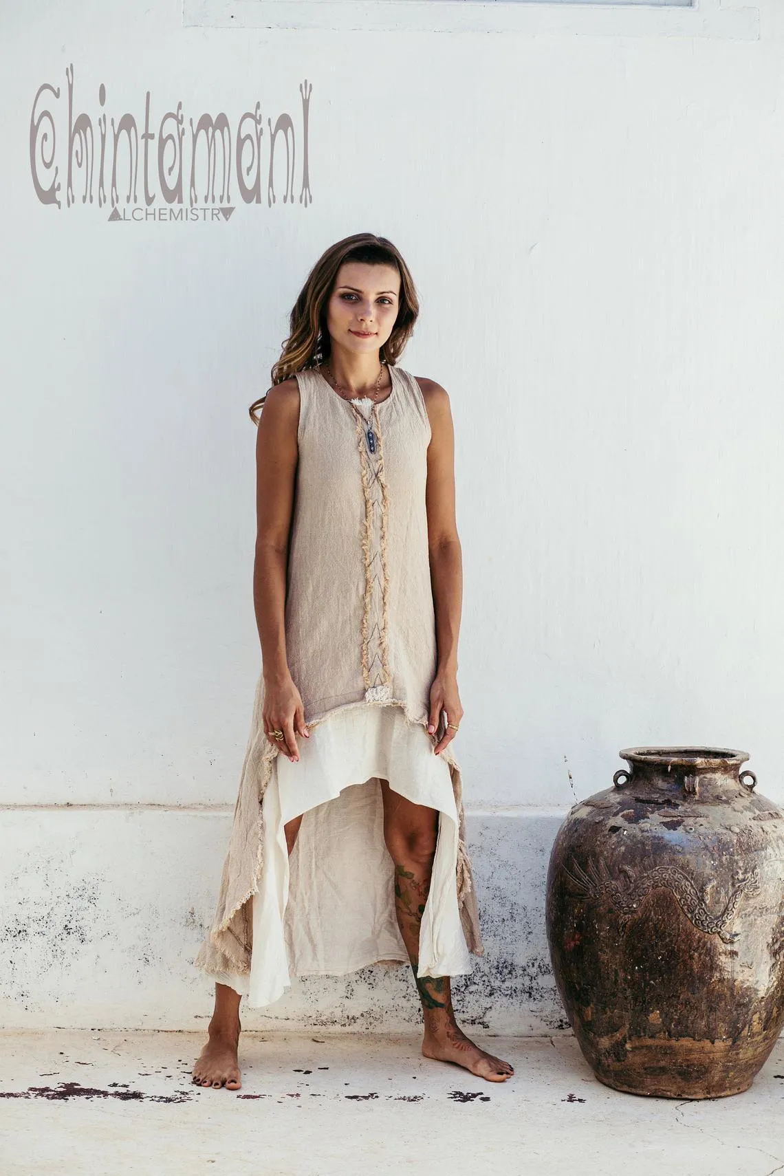 High Low Raw Cotton Long Dress with Double Layer / Aroha Tino Beige