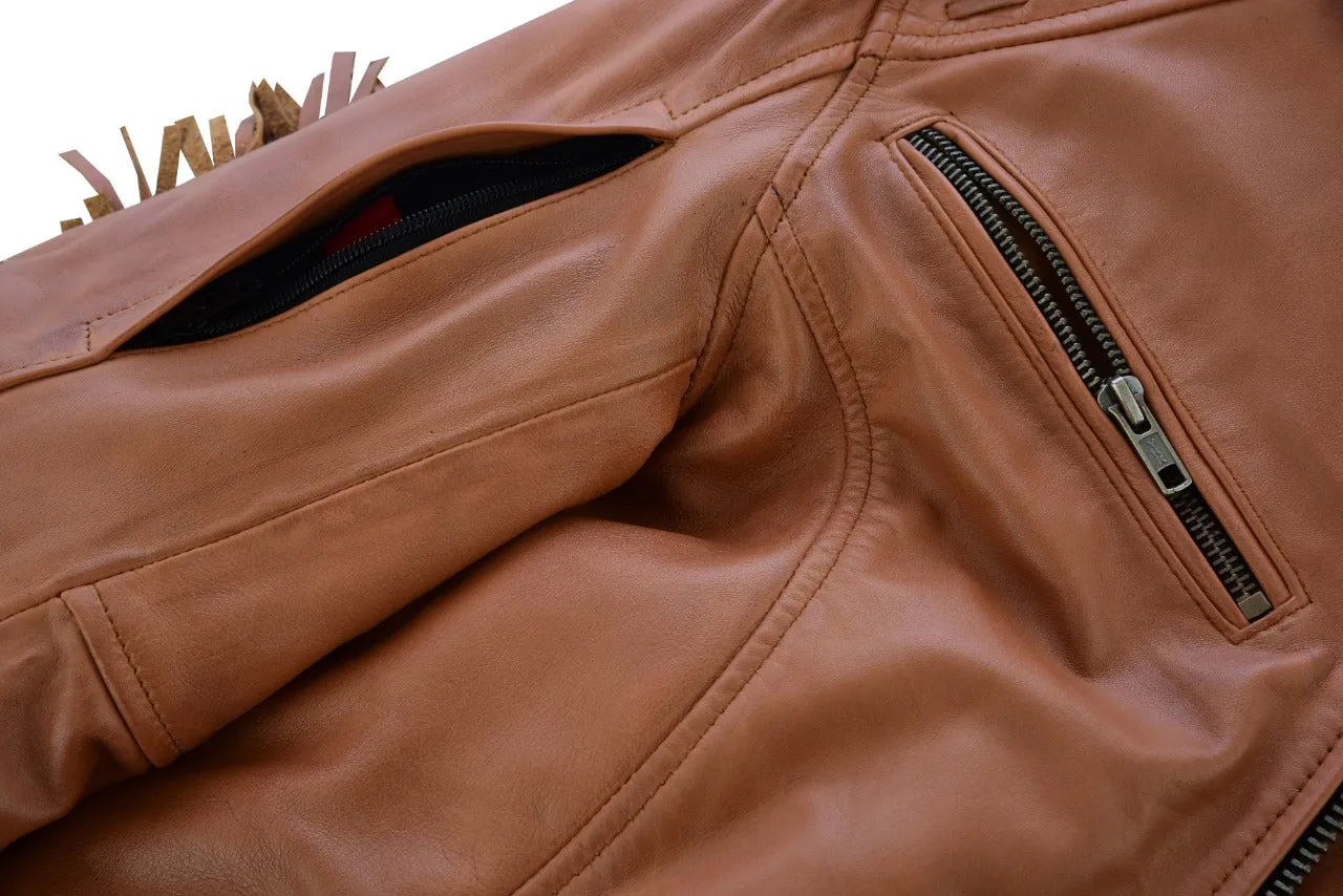 HML703T High Mileage Ladies Brown Fringe and Rivet Leather Jacket