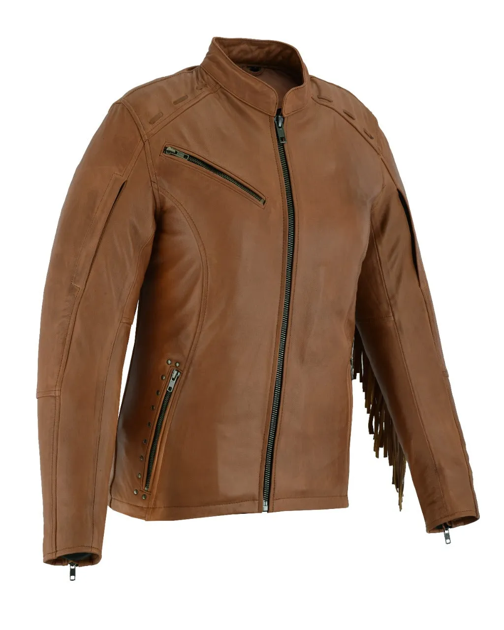 HML703T High Mileage Ladies Brown Fringe and Rivet Leather Jacket