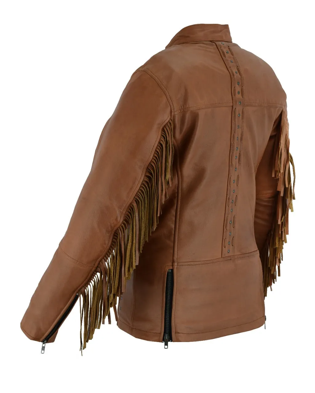 HML703T High Mileage Ladies Brown Fringe and Rivet Leather Jacket