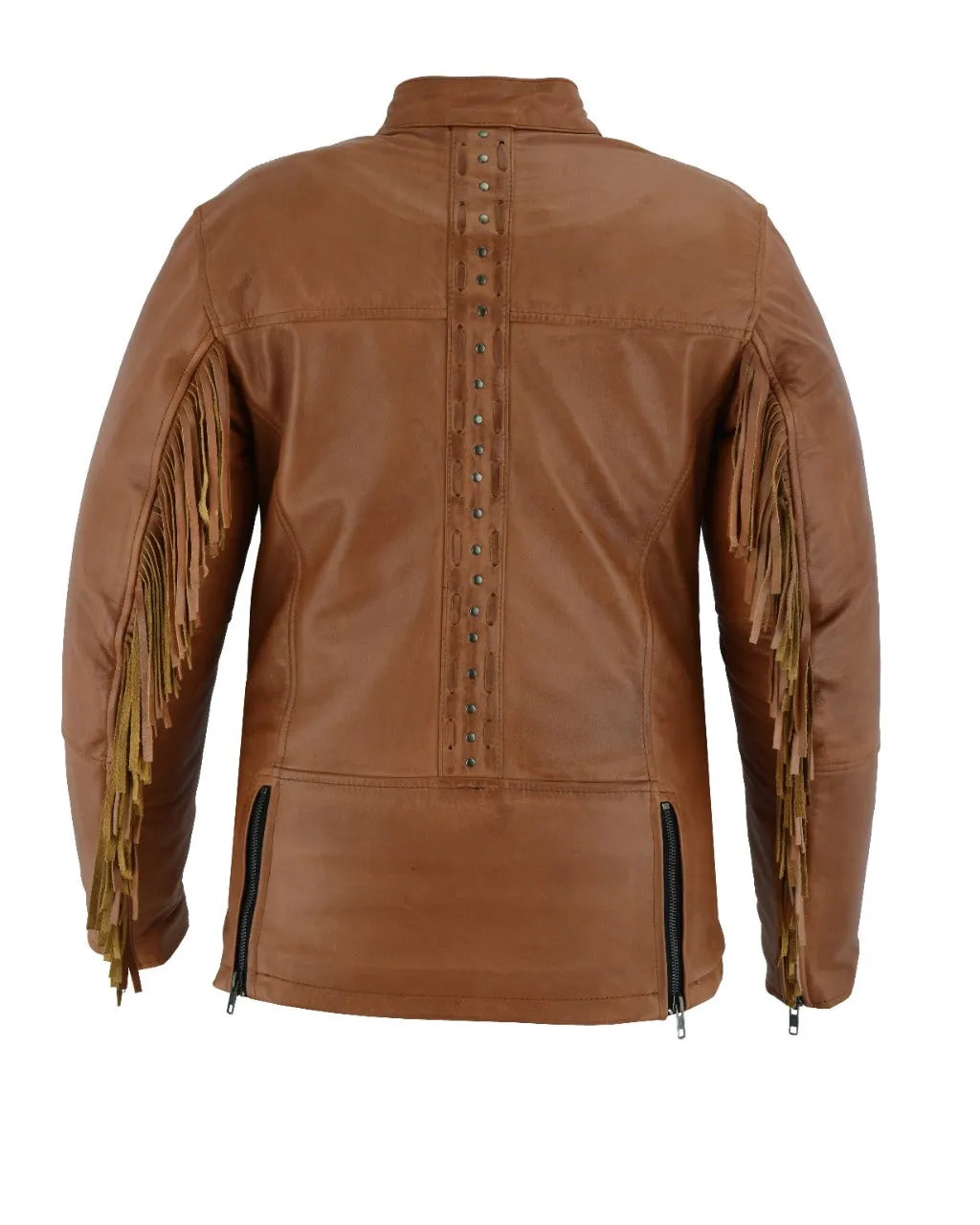 HML703T High Mileage Ladies Brown Fringe and Rivet Leather Jacket