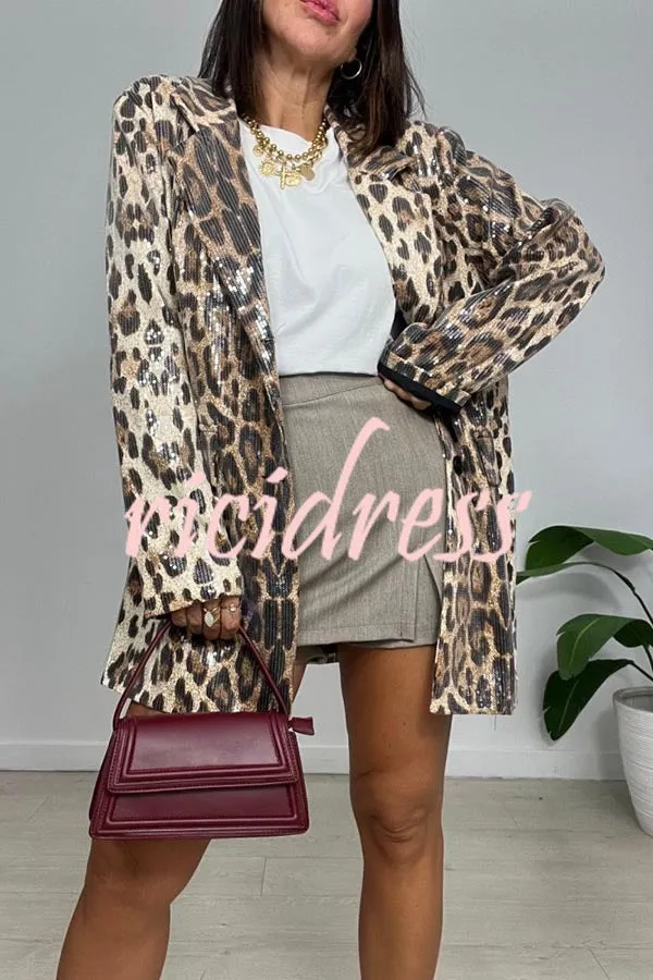 Ignite My Heart Sequin Leopard Print Lapel Oversized Blazer