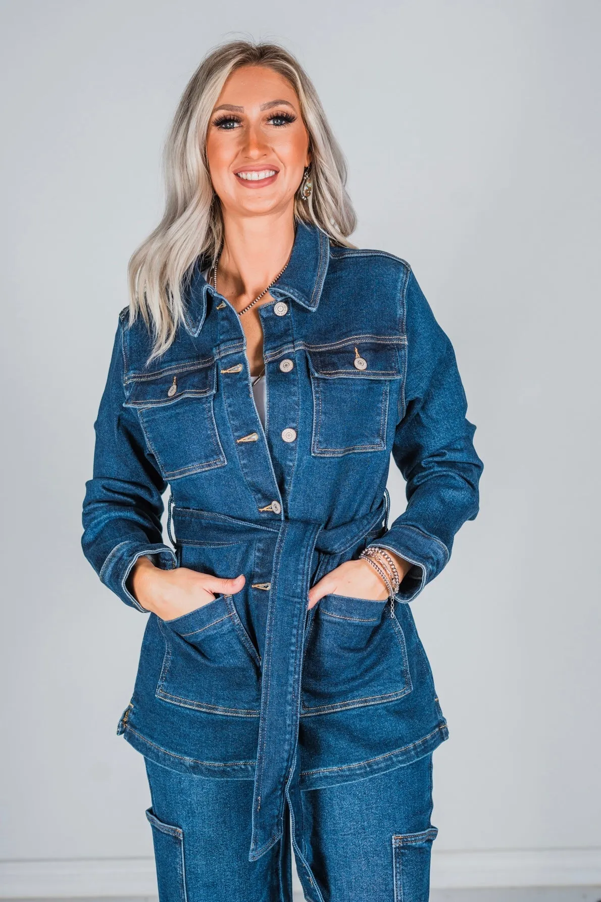 Judy Blue Mid Length Denim Utility Jacket with Side Slit