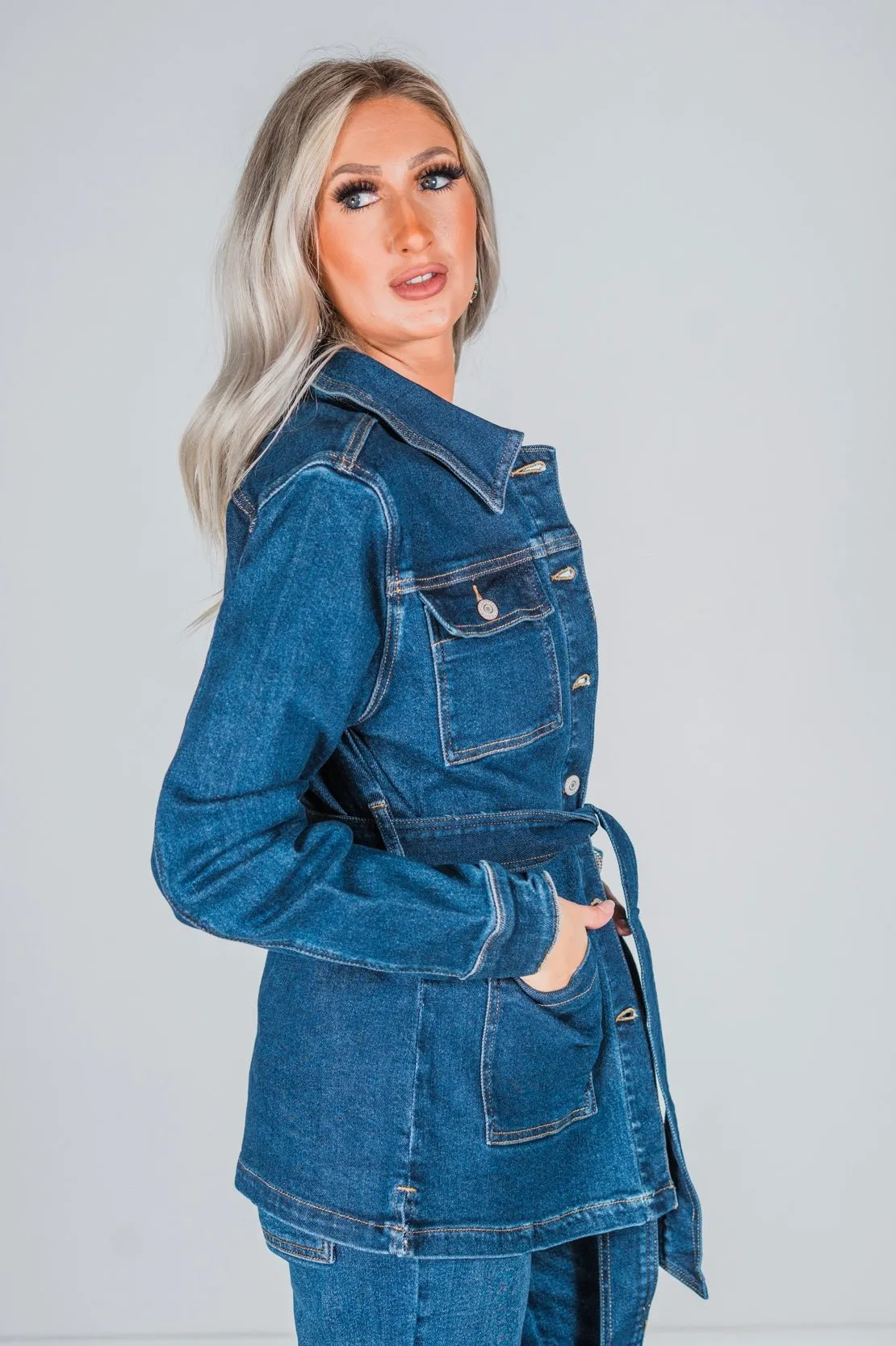 Judy Blue Mid Length Denim Utility Jacket with Side Slit