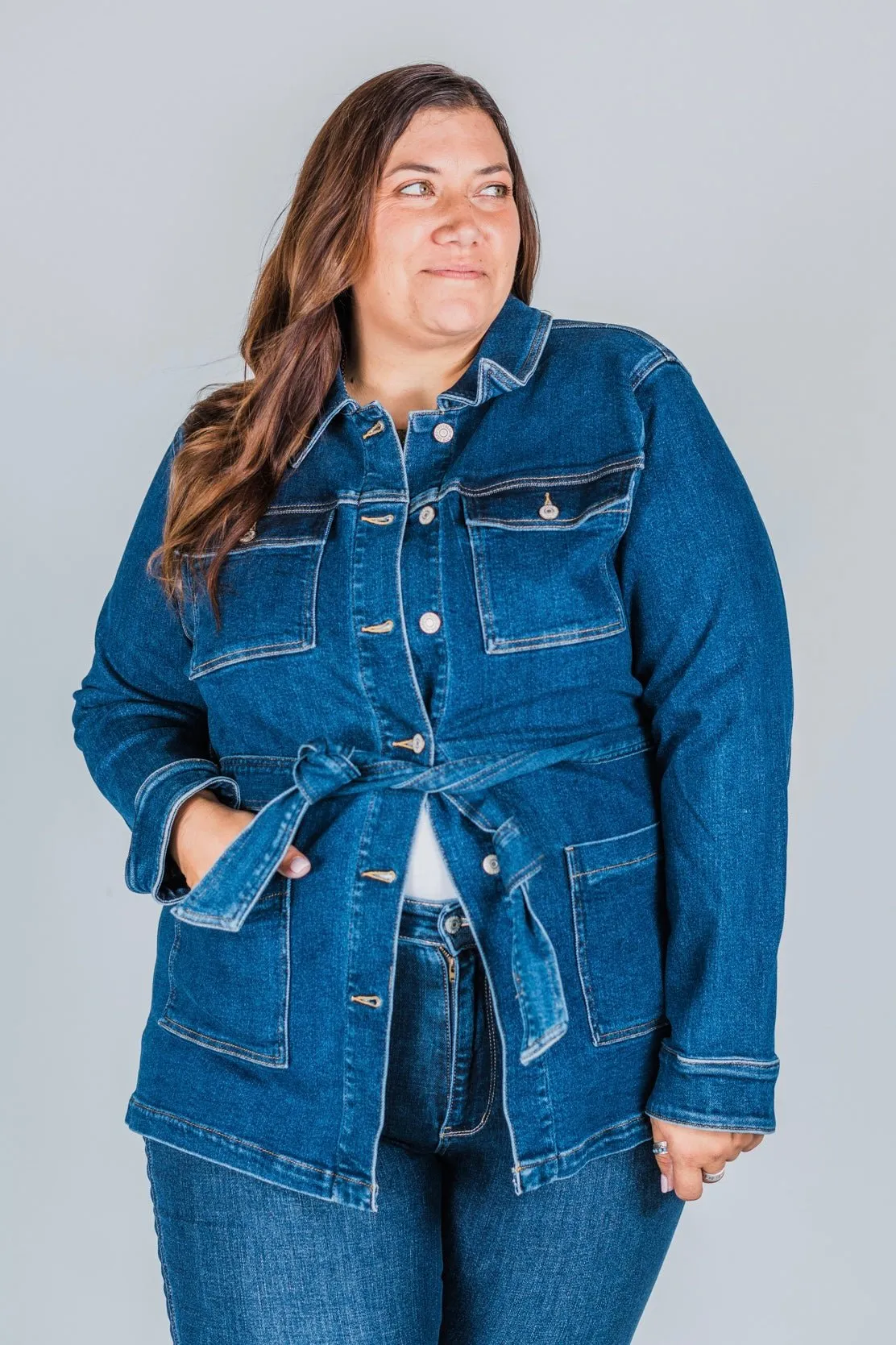 Judy Blue Mid Length Denim Utility Jacket with Side Slit