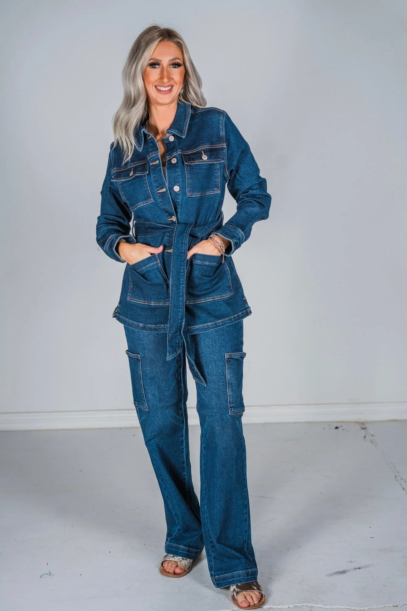 Judy Blue Mid Length Denim Utility Jacket with Side Slit