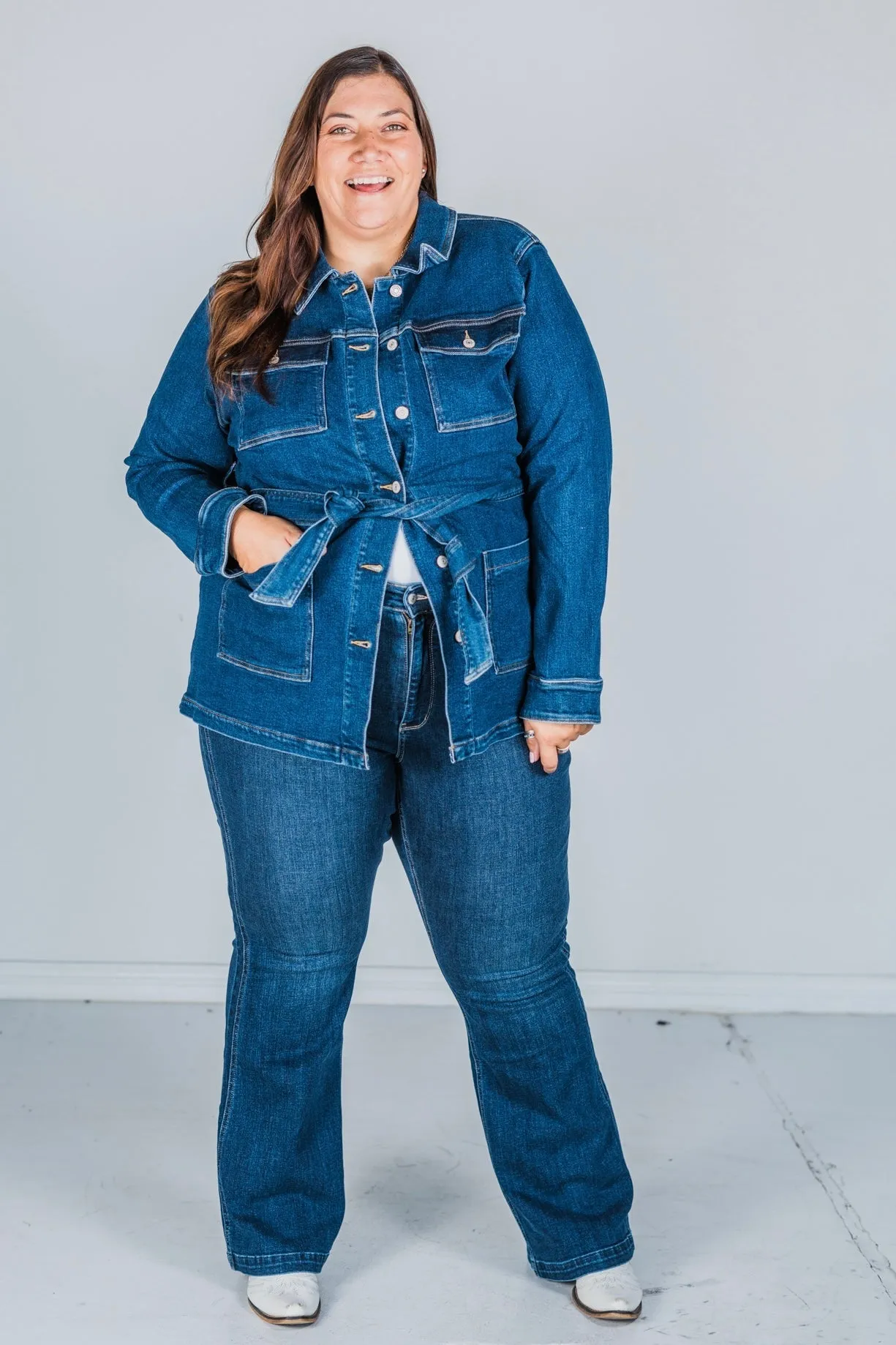 Judy Blue Mid Length Denim Utility Jacket with Side Slit