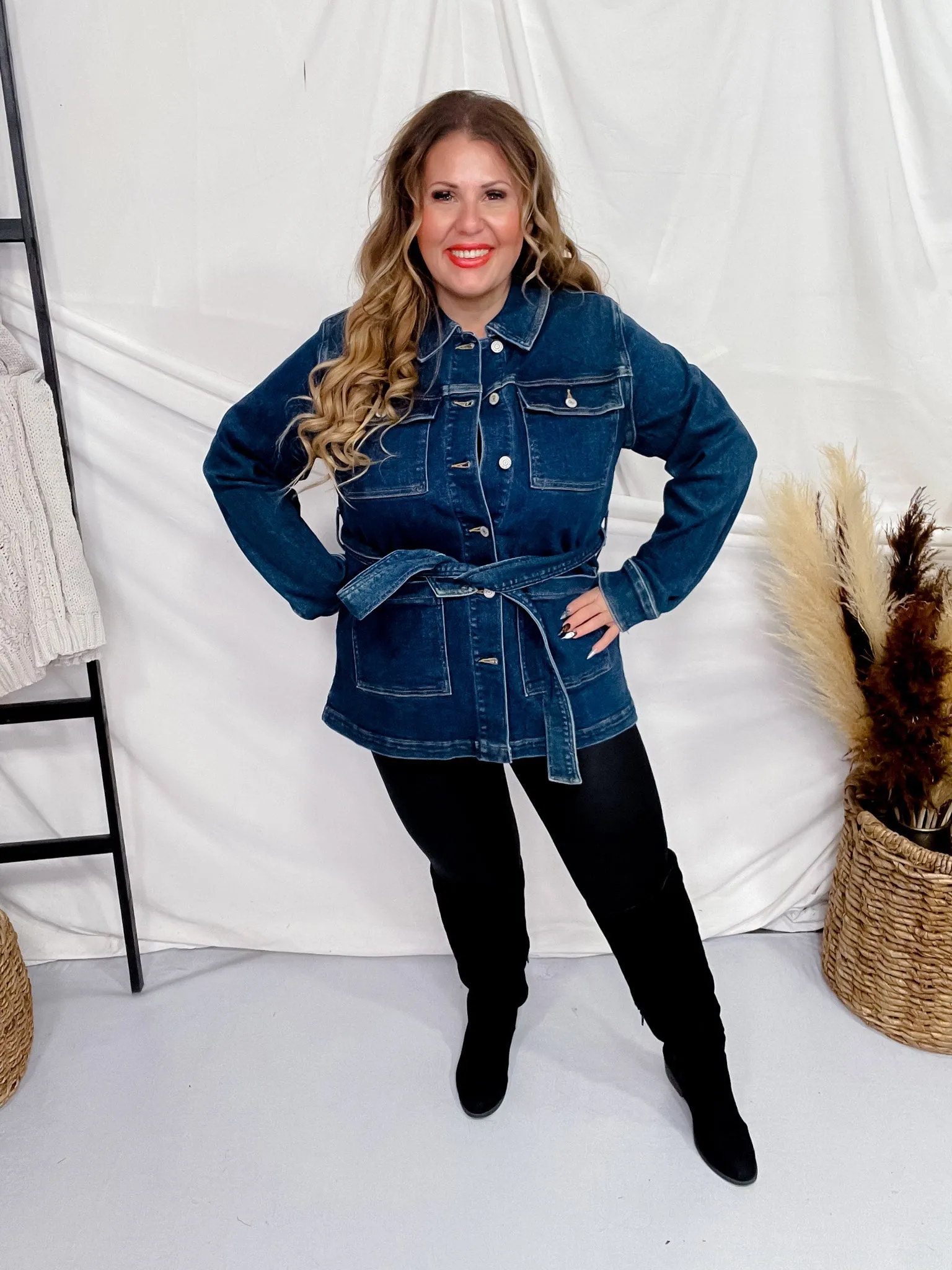 Judy Blue Mid Length Denim Utility Jacket with Side Slit