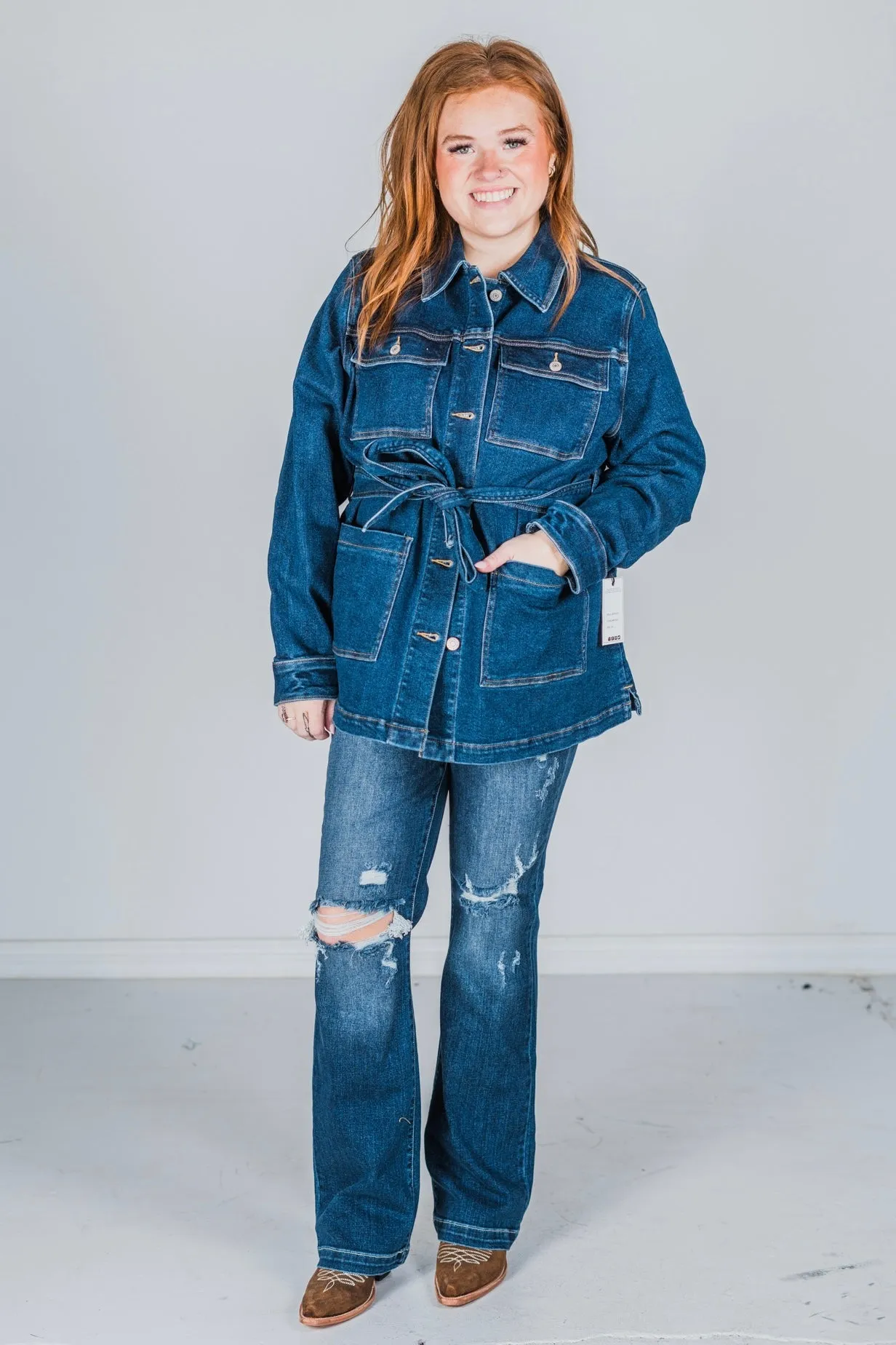 Judy Blue Mid Length Denim Utility Jacket with Side Slit