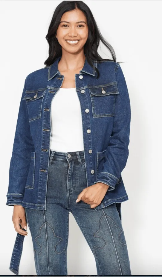 Judy Blue Mid Length Denim Utility Jacket with Side Slit