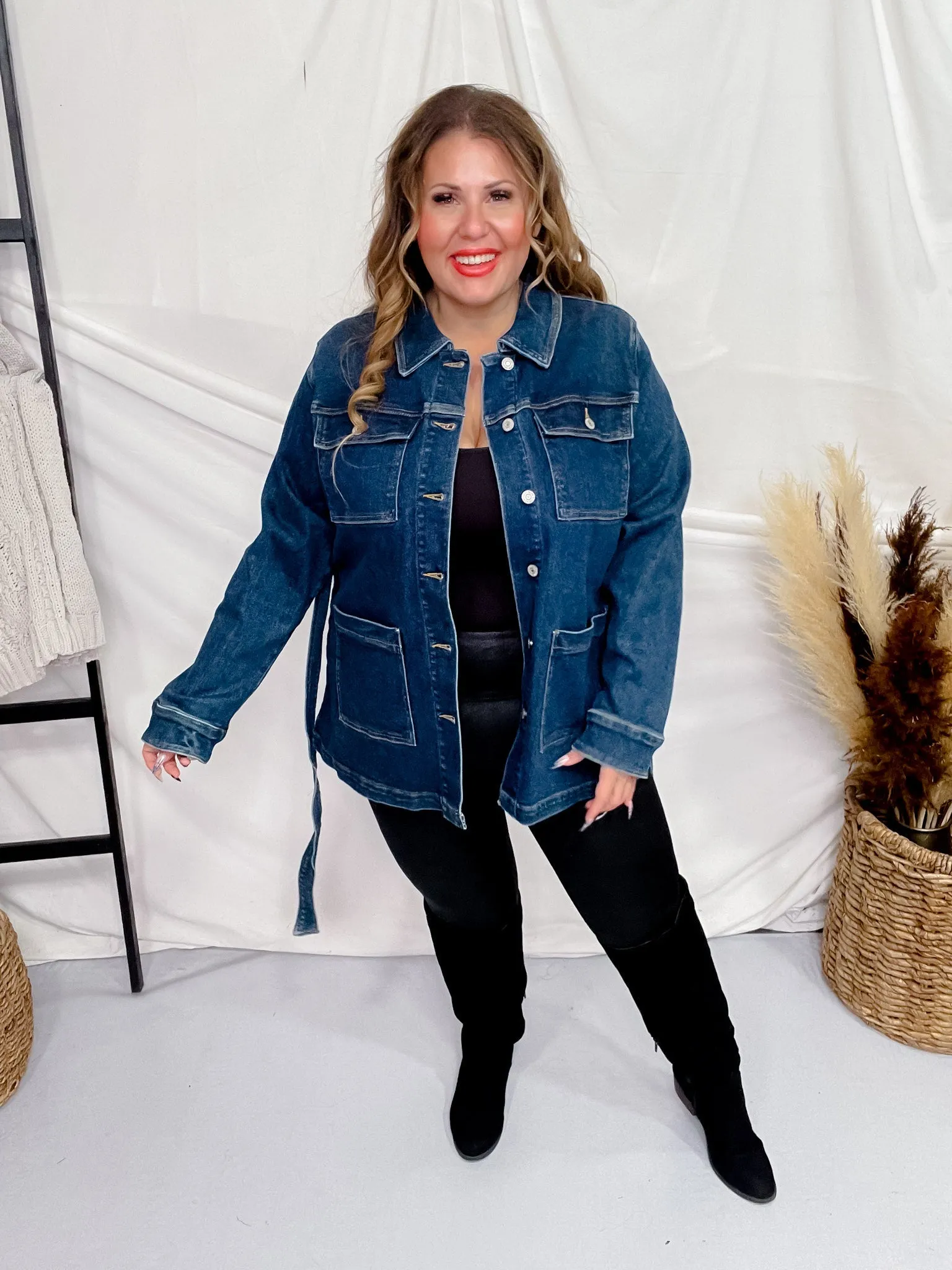 Judy Blue Mid Length Denim Utility Jacket with Side Slit