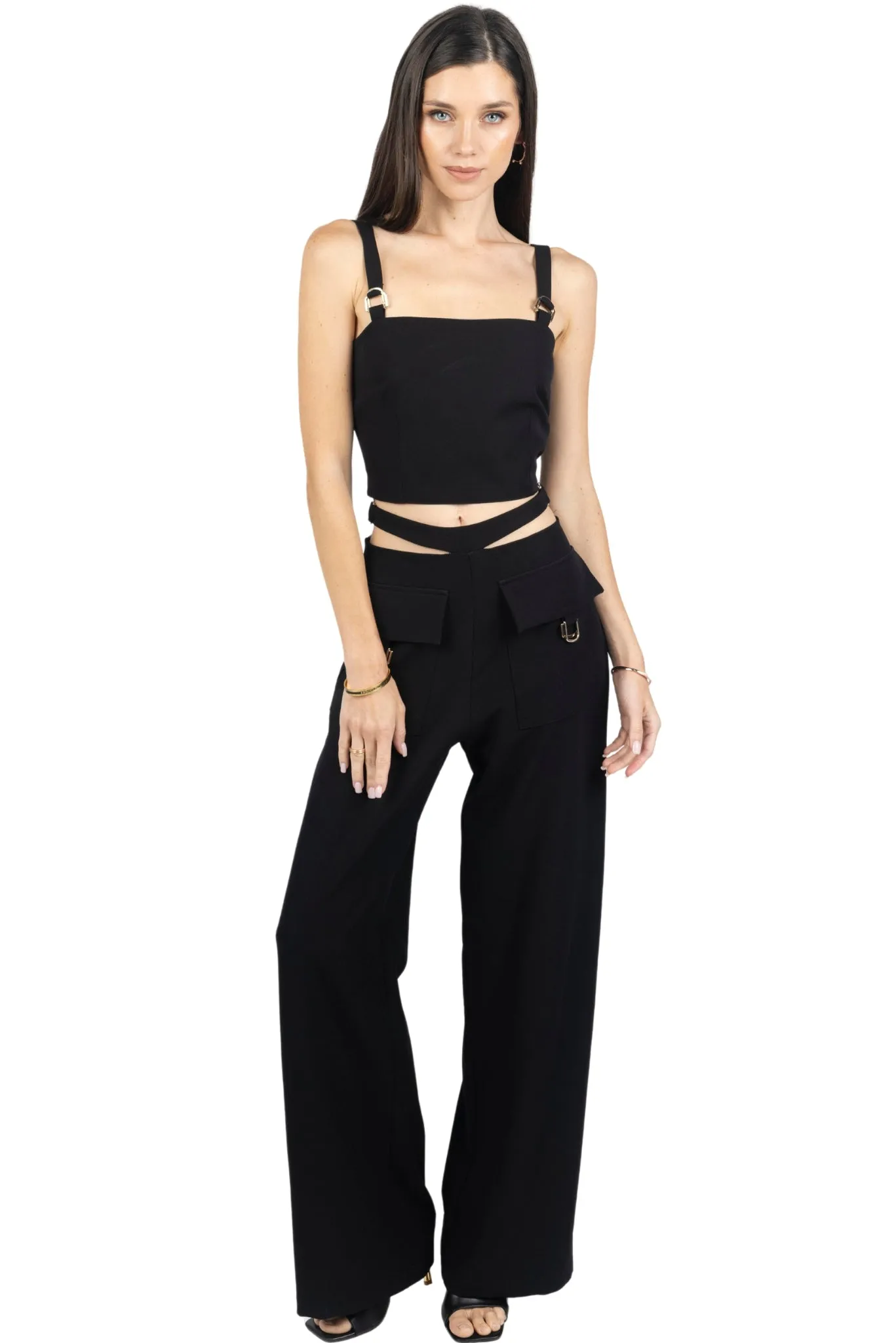 Kim Cropped Top With Buckles in  Black