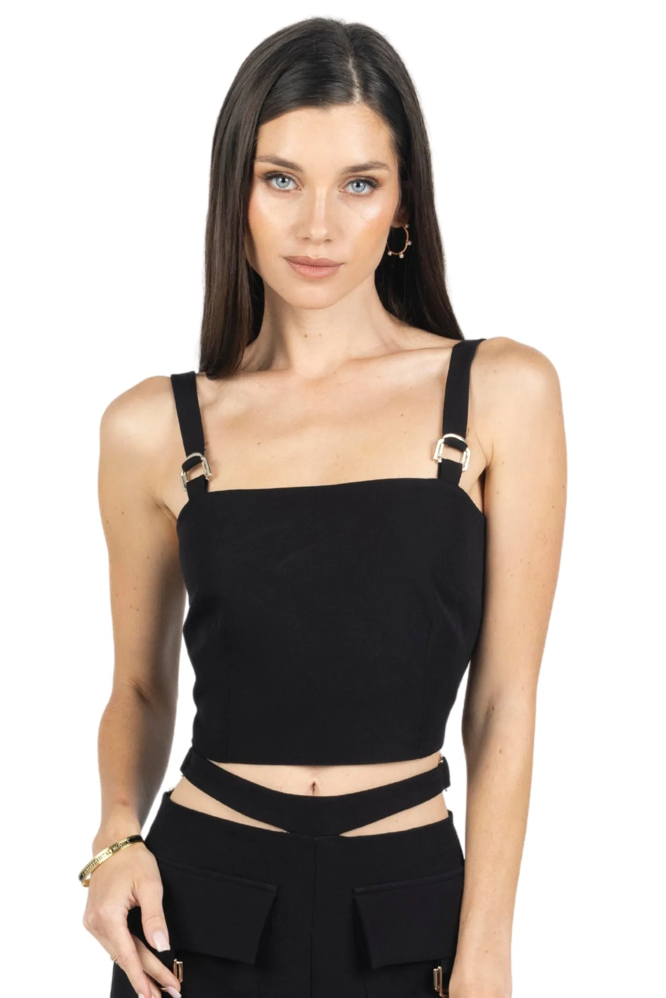 Kim Cropped Top With Buckles in  Black