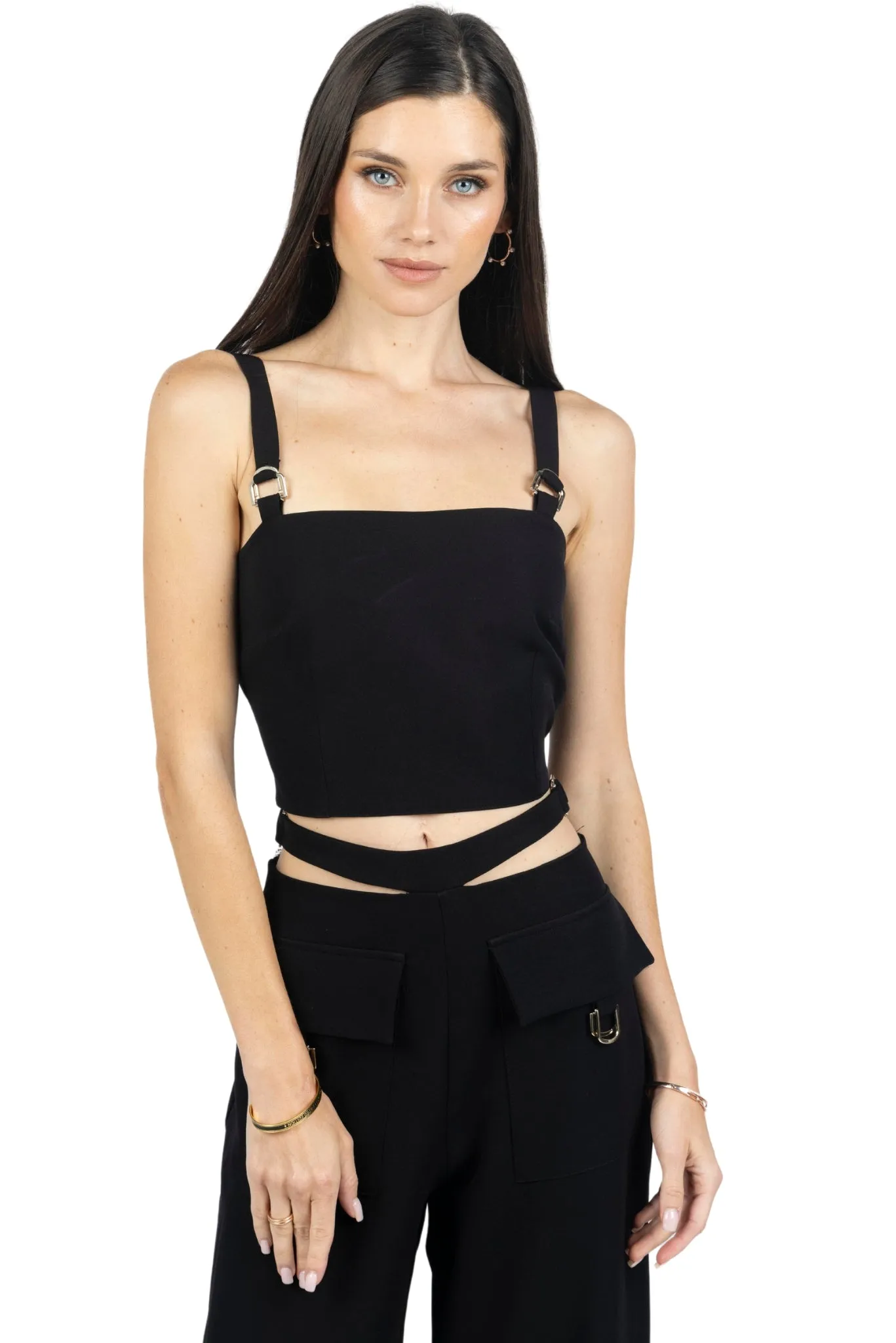 Kim Cropped Top With Buckles in  Black