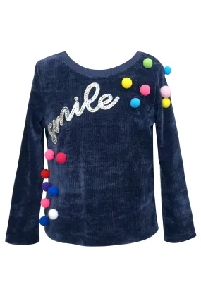 Little Girls Long Sleeve Top with Pom-Poms