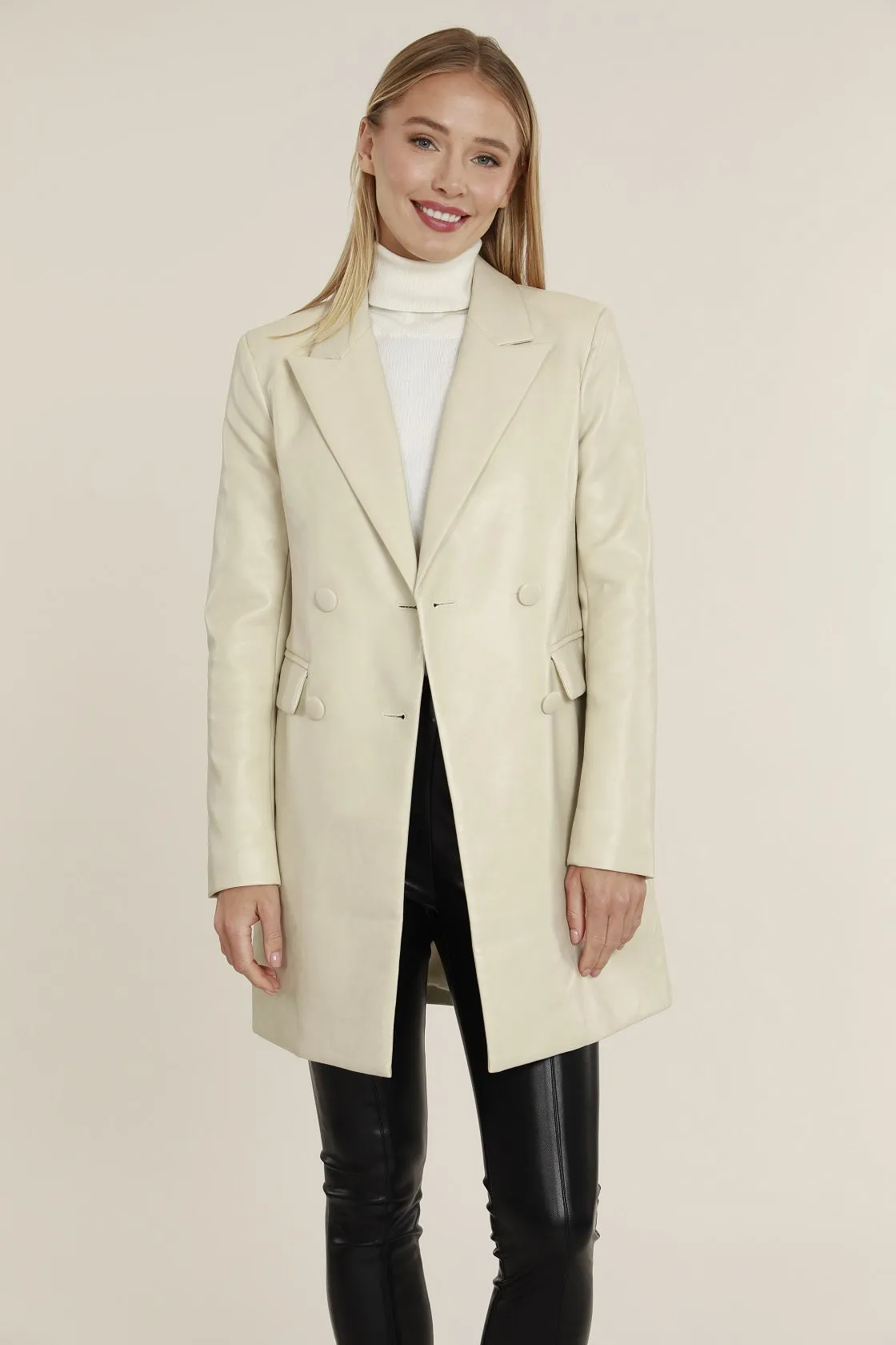 Long Faux Leather Blazer Coat