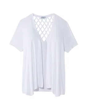 Lynn Short Sleeve Cardigan with Lattice Back | White