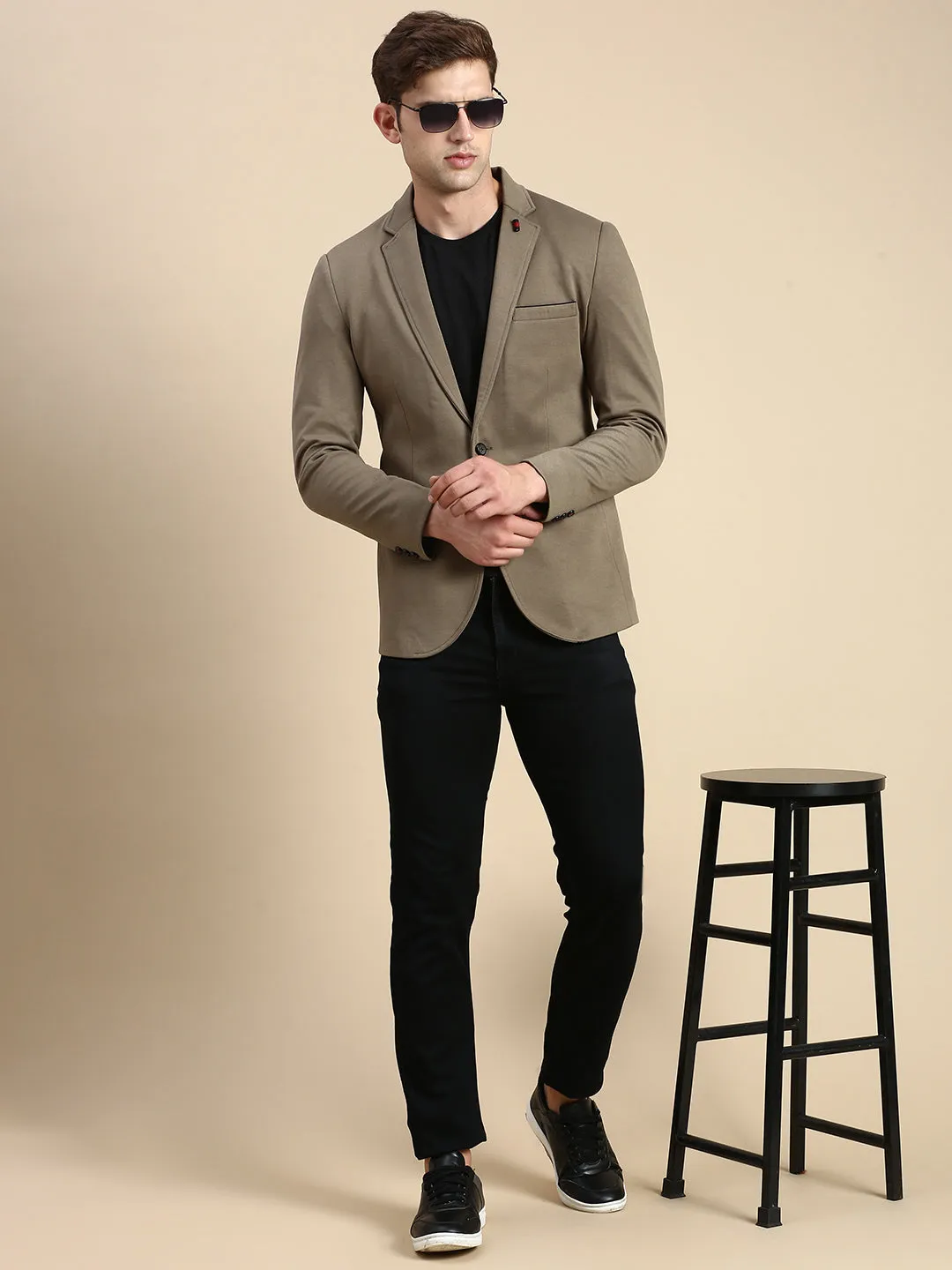 Men Green Solid Casual Blazer