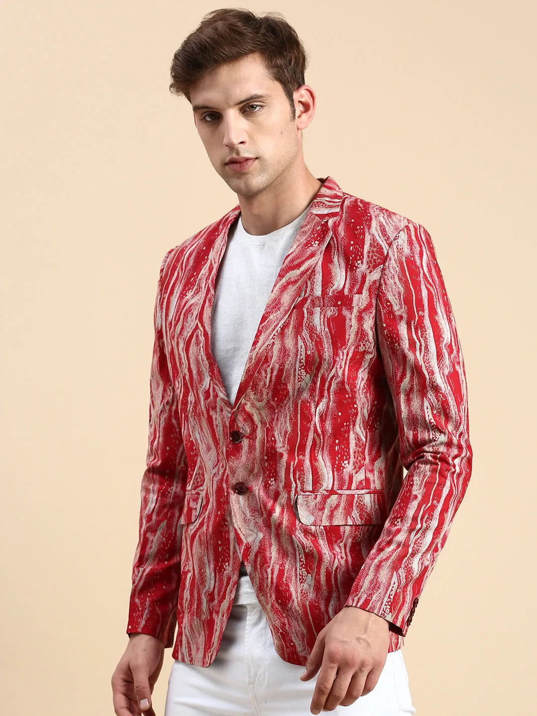 Men Maroon Printed Casual Blazer