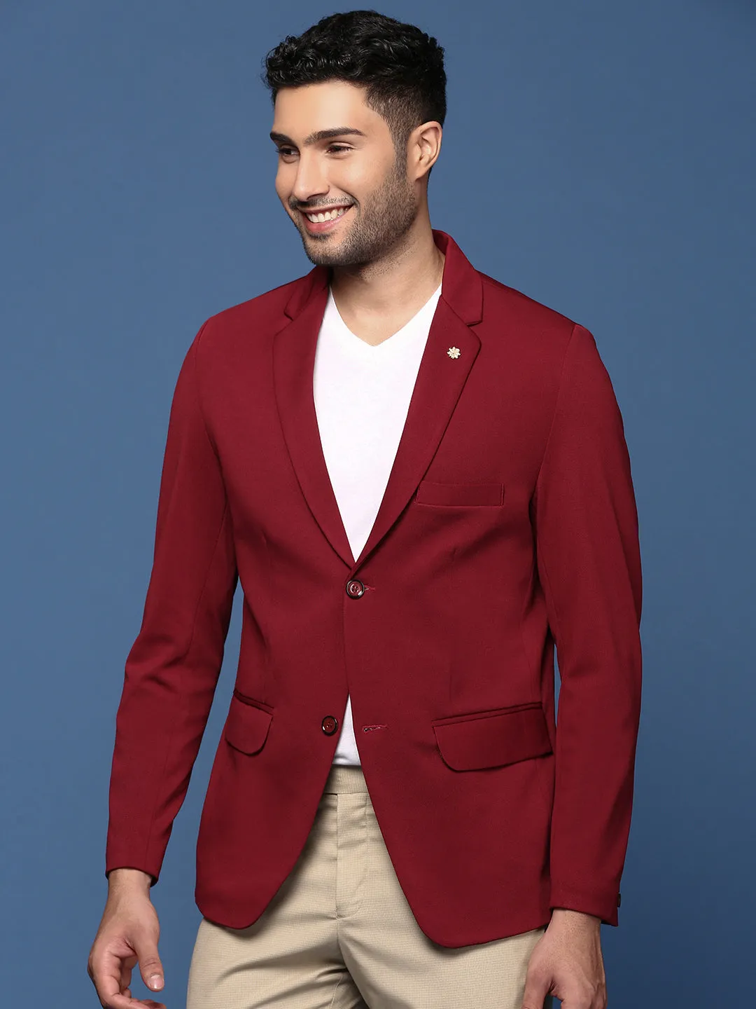 Men Maroon Slim Fit Single Breasted Blazer