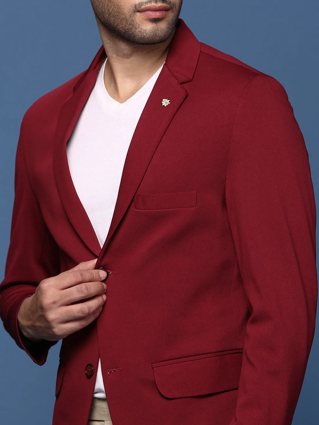 Men Maroon Slim Fit Single Breasted Blazer