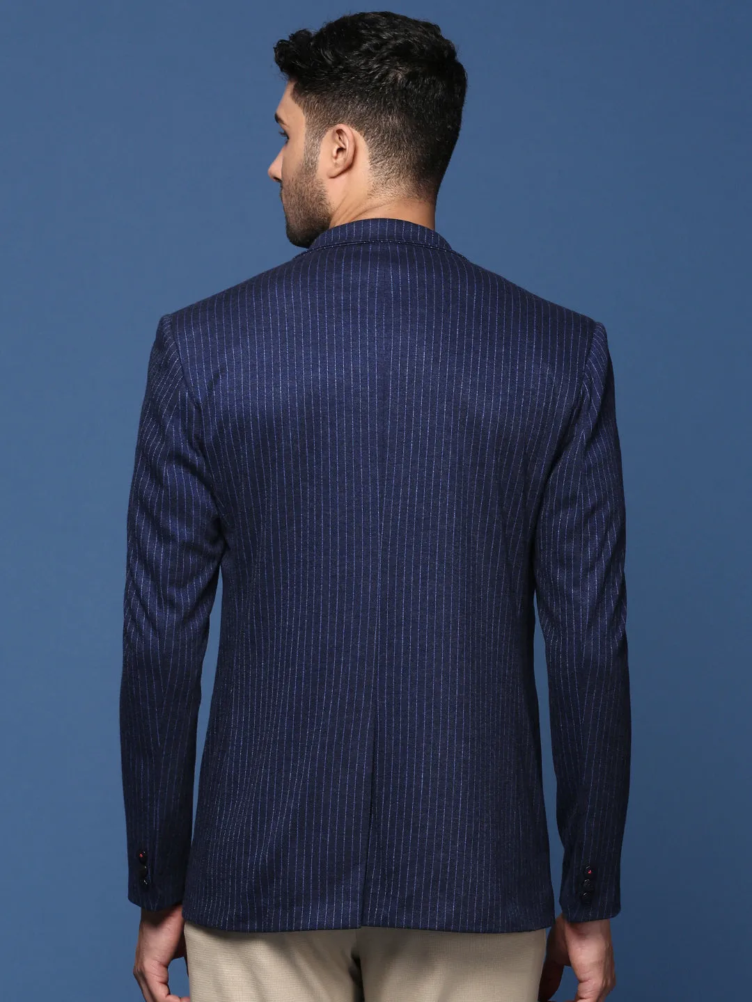 Men Navy Blue Slim Fit Single Breasted Blazer