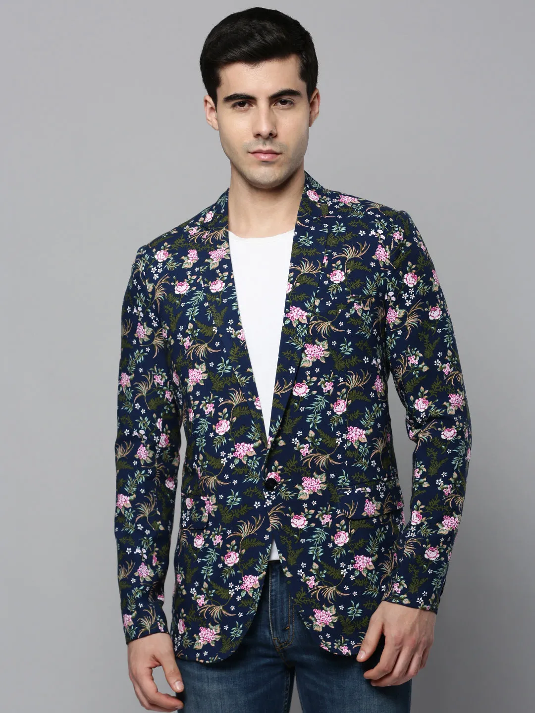 Men Navy Printed Blazer