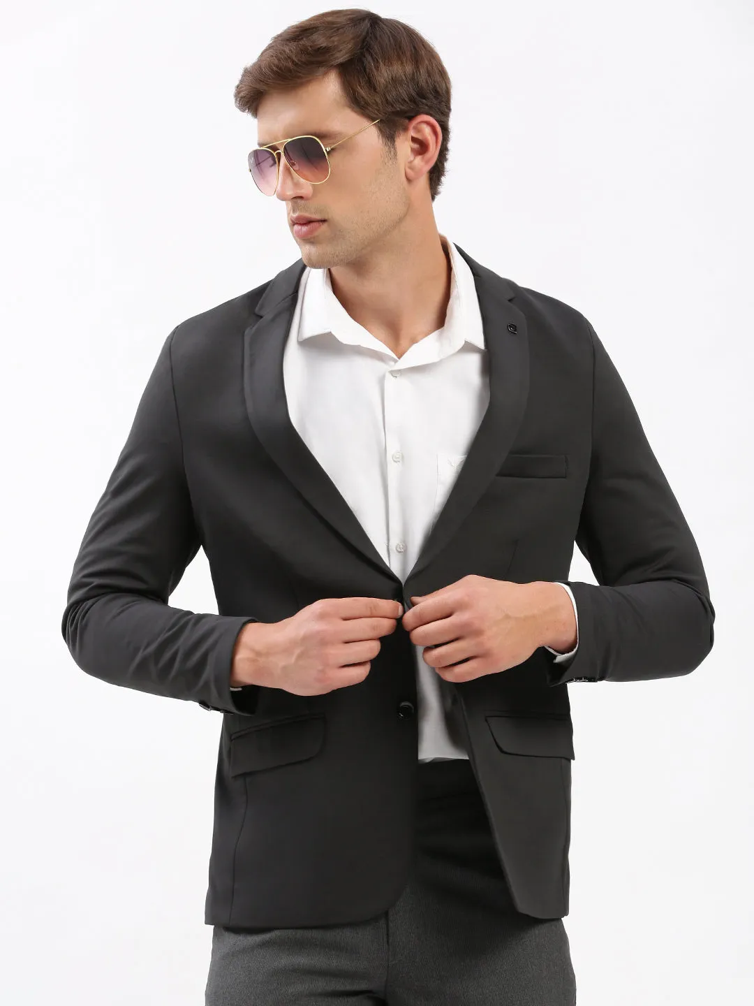 Men Notched Lapel Solid Charcoal Blazer