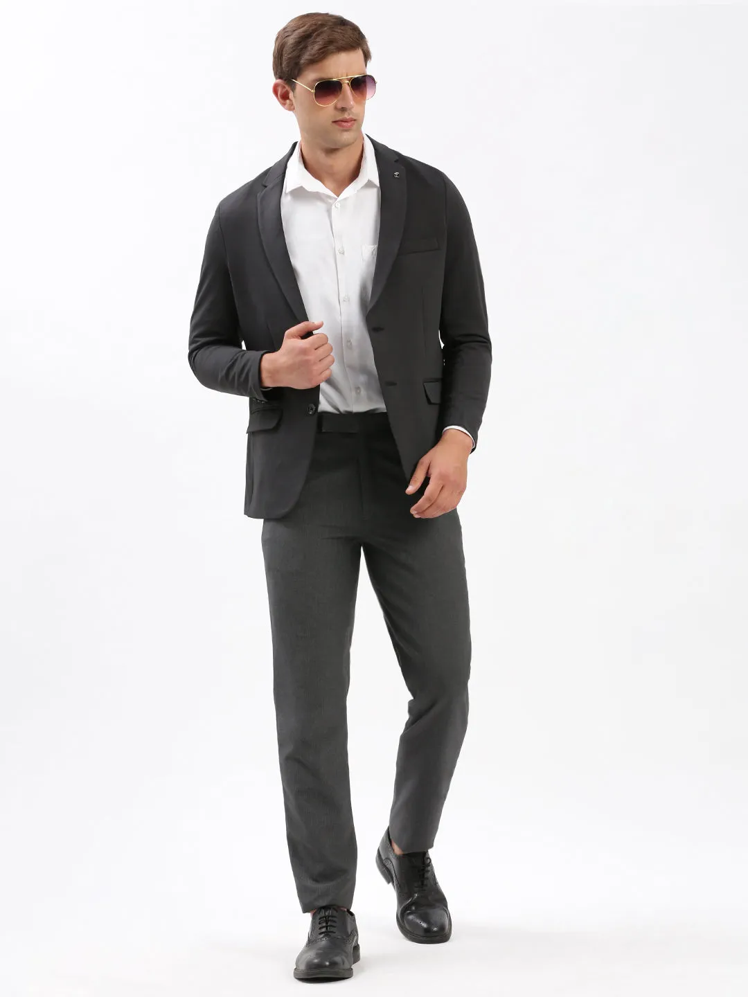 Men Notched Lapel Solid Charcoal Blazer