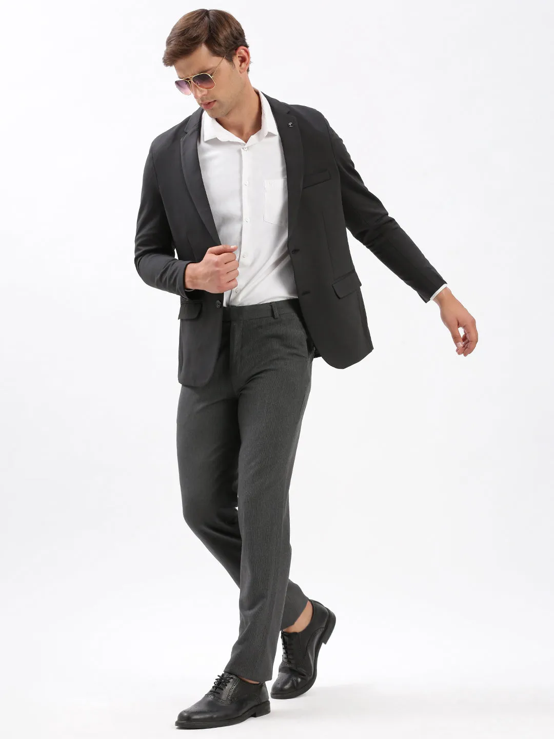 Men Notched Lapel Solid Charcoal Blazer