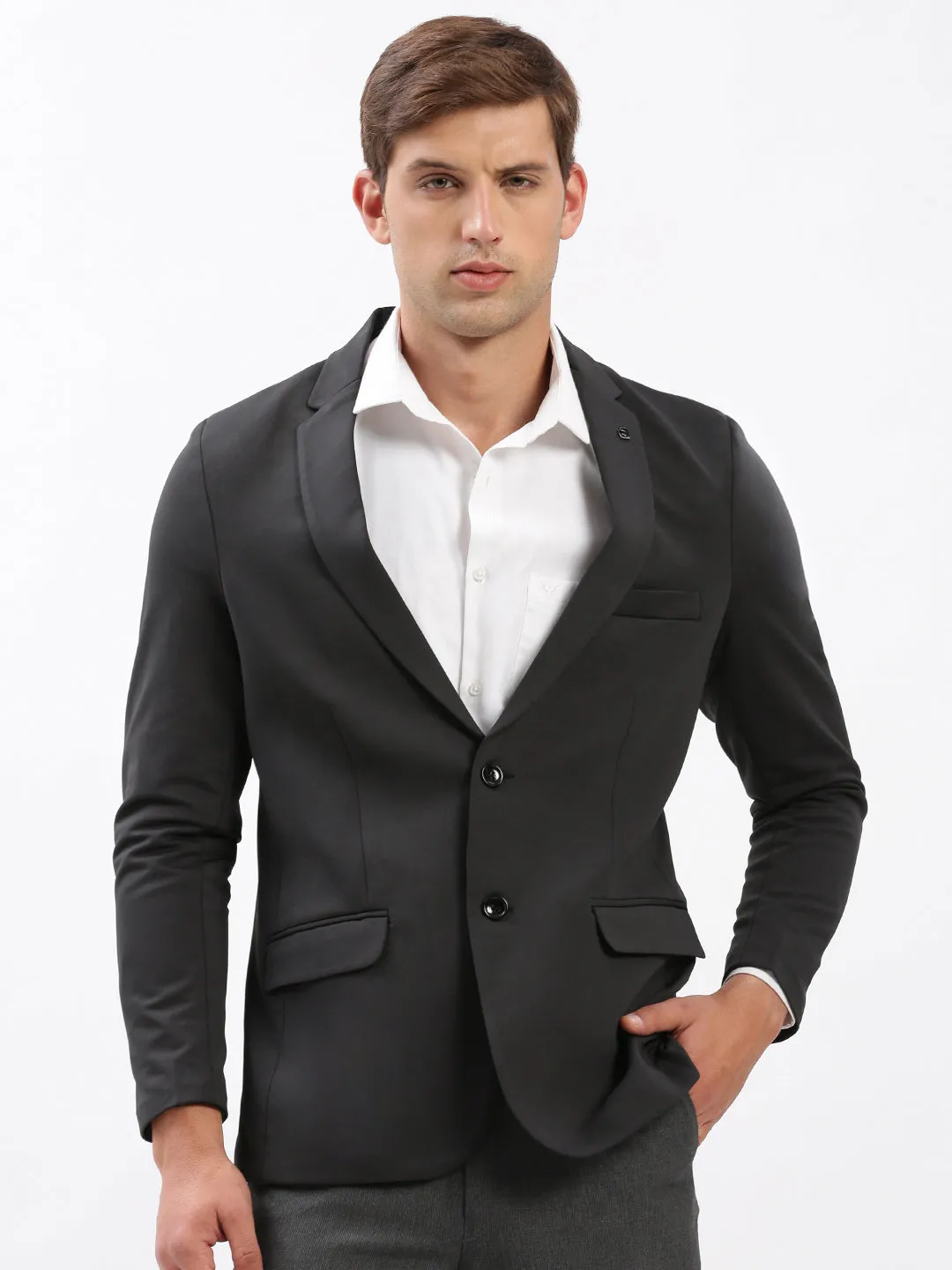 Men Notched Lapel Solid Charcoal Blazer