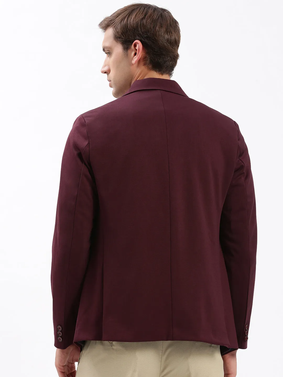 Men Notched Lapel Solid Maroon Blazer