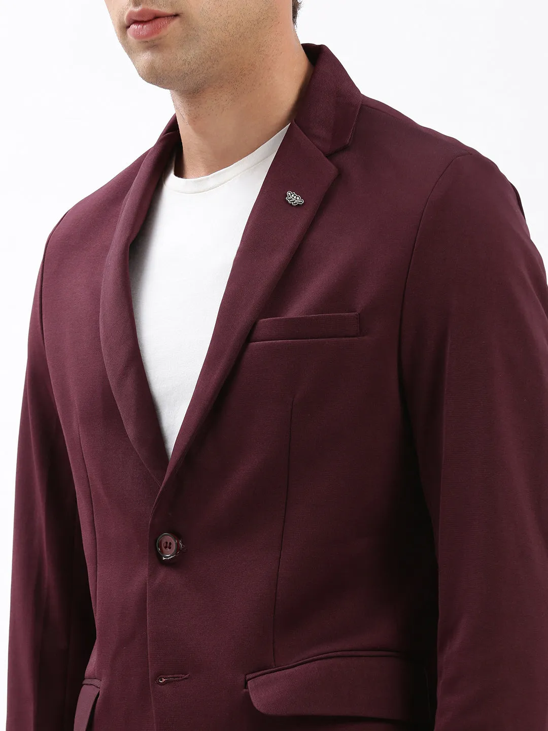 Men Notched Lapel Solid Maroon Blazer