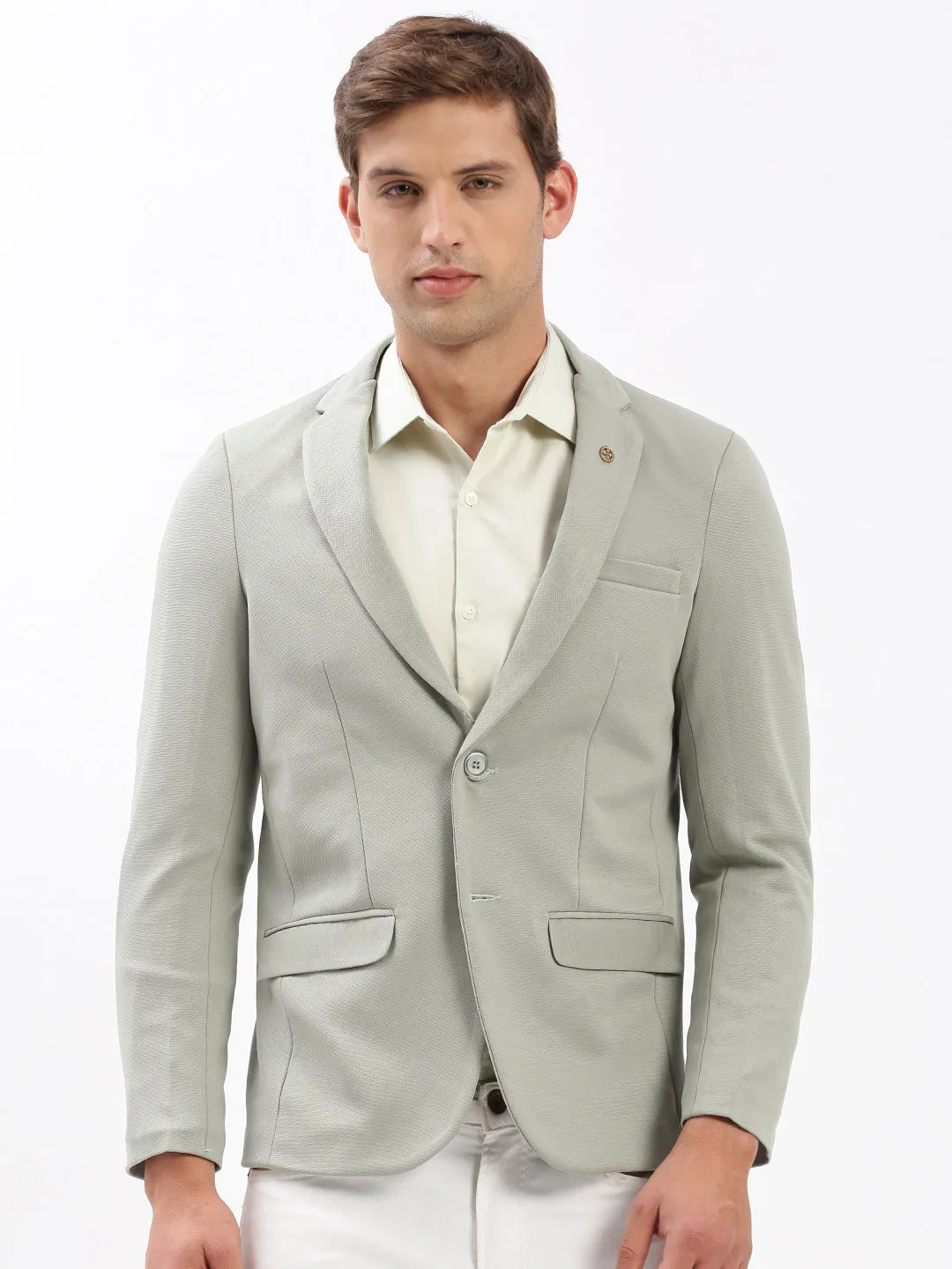 Men Notched Lapel Solid Olive Blazer