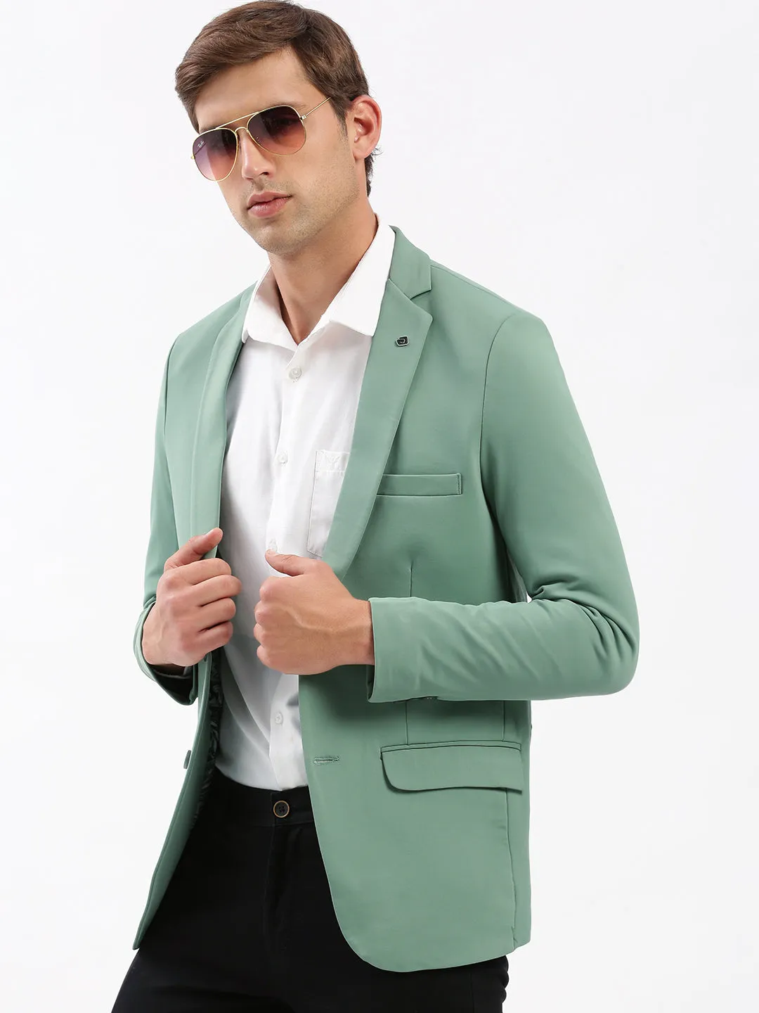 Men Notched Lapel Solid Sea Green Blazer