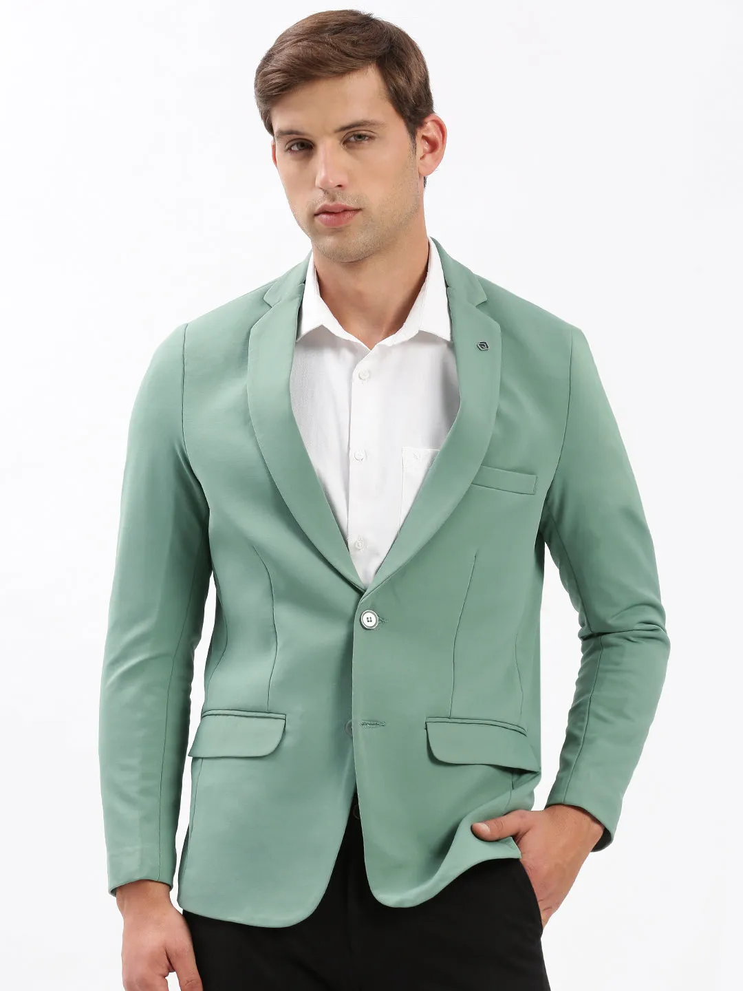 Men Notched Lapel Solid Sea Green Blazer