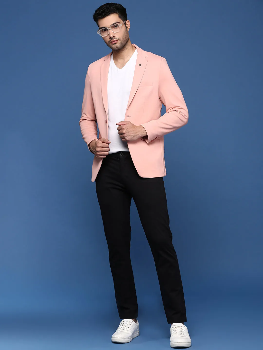 Men Peach Slim Fit Single Breasted Blazer