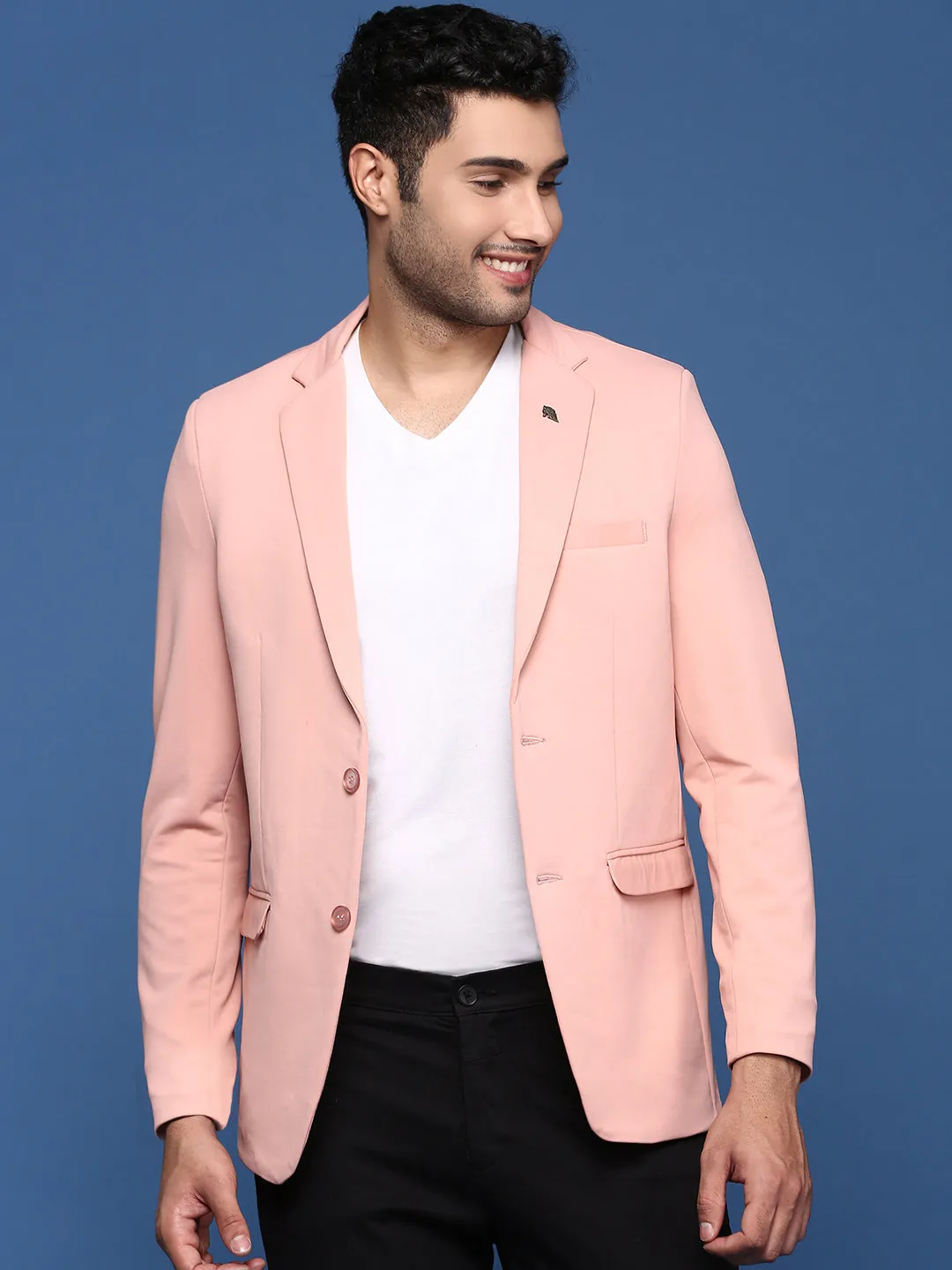 Men Peach Slim Fit Single Breasted Blazer