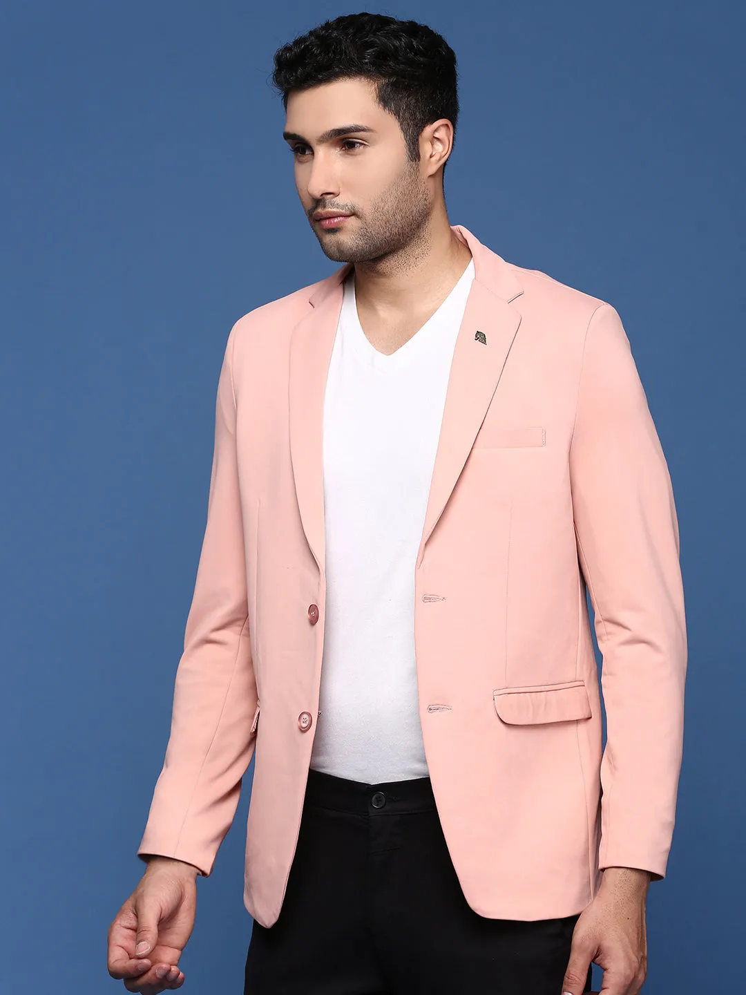 Men Peach Slim Fit Single Breasted Blazer