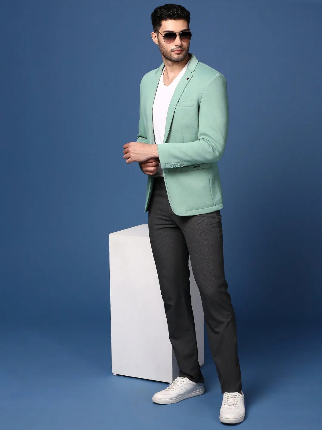 Men Sea Green Slim Fit Single Breasted Blazer