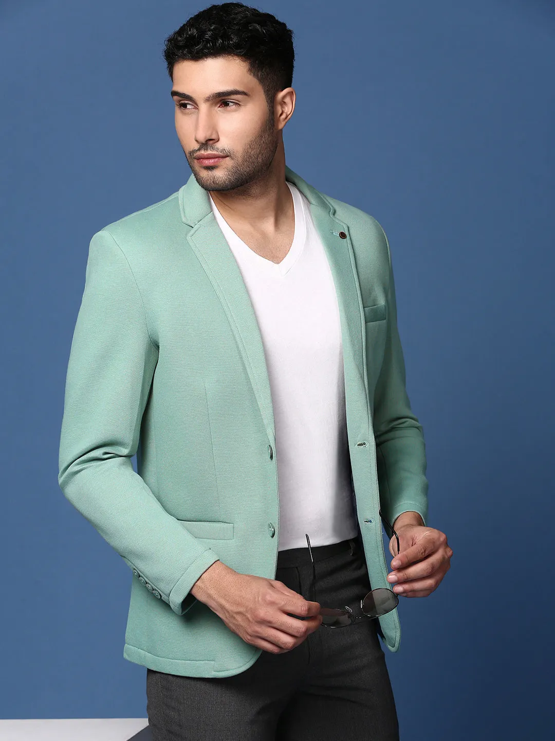 Men Sea Green Slim Fit Single Breasted Blazer