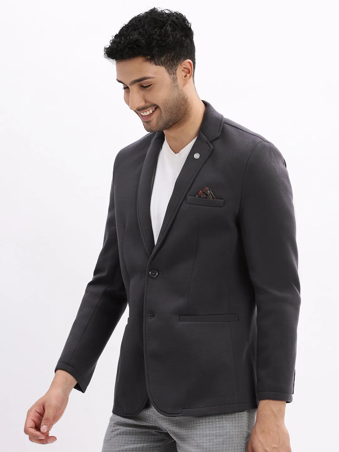 Men Solid Charcoal Single Breasted Blazer